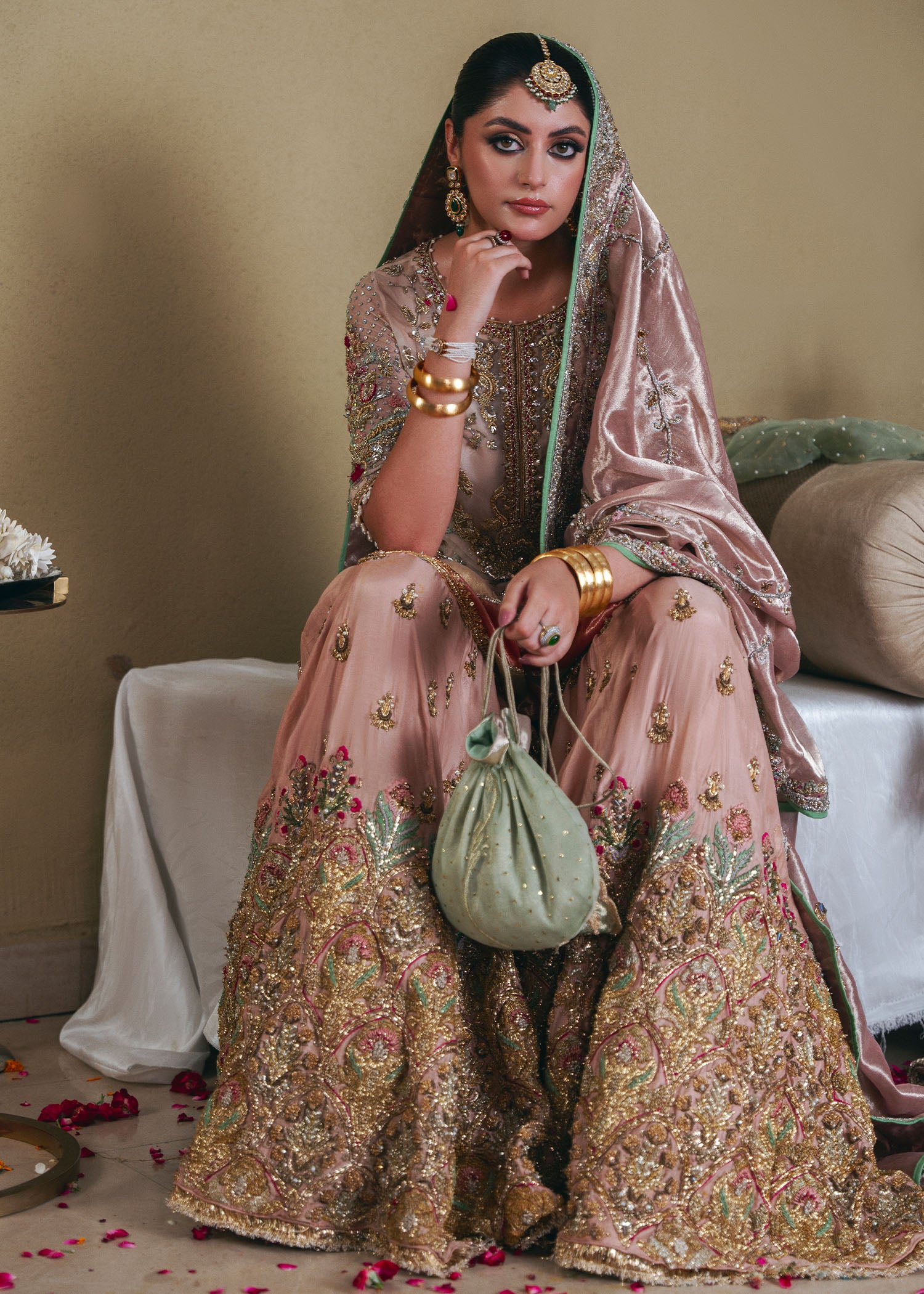 Beige Pink Embellished Organza Bridal Gharara (3-Piece) - Image 7