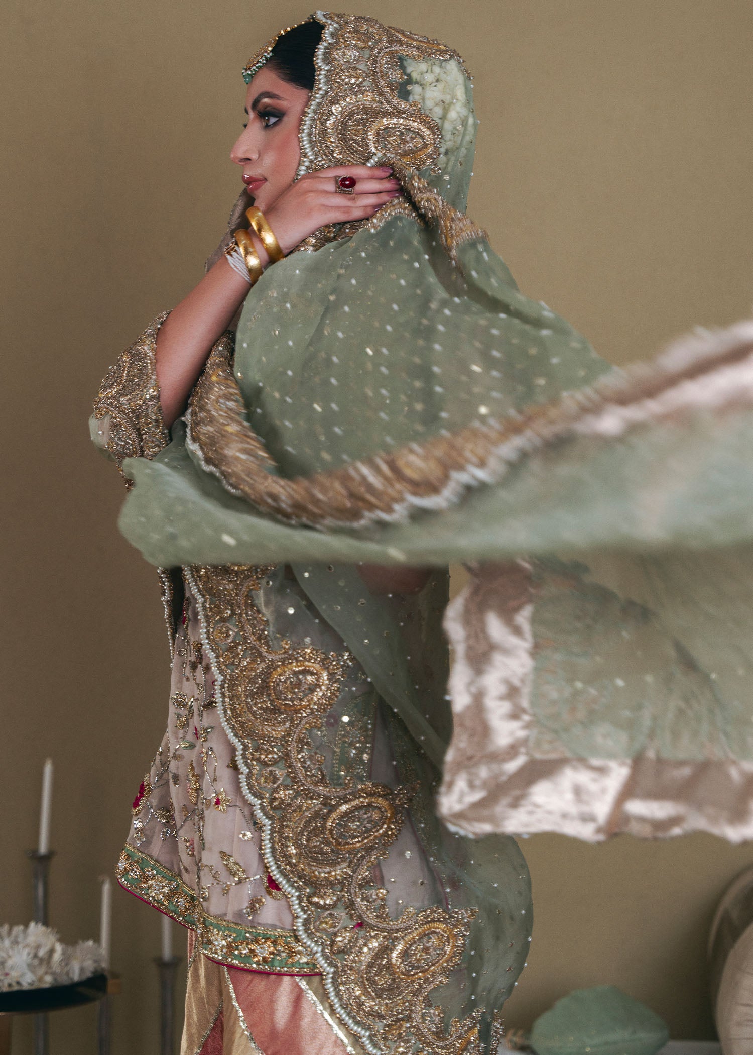 Beige Pink Embellished Organza Bridal Gharara (3-Piece) - Image 8