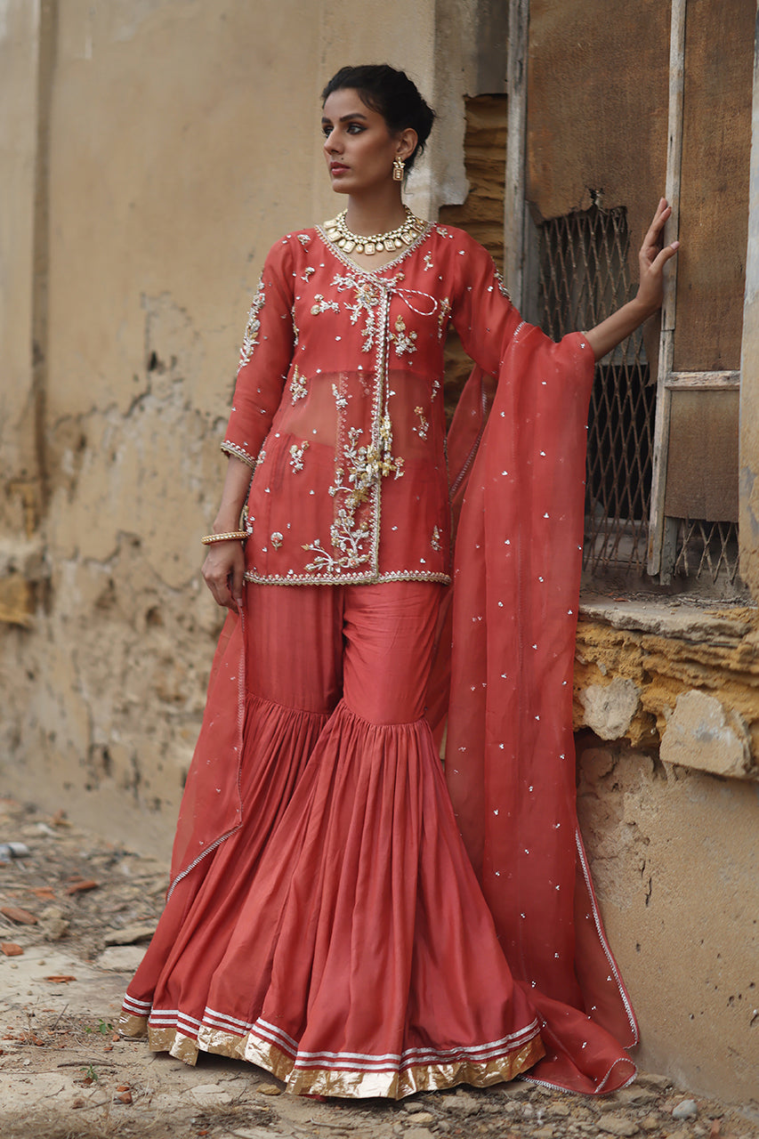 Coral-Pink Zardozi Organza Angrakha with Silk Gharara (3-Piece) - Image 1