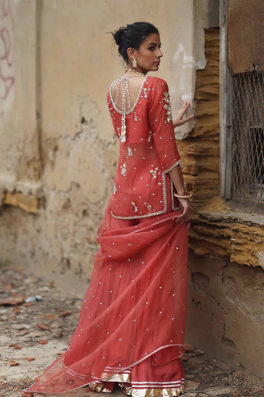 Coral-Pink Zardozi Organza Angrakha with Silk Gharara (3-Piece) - Image 2