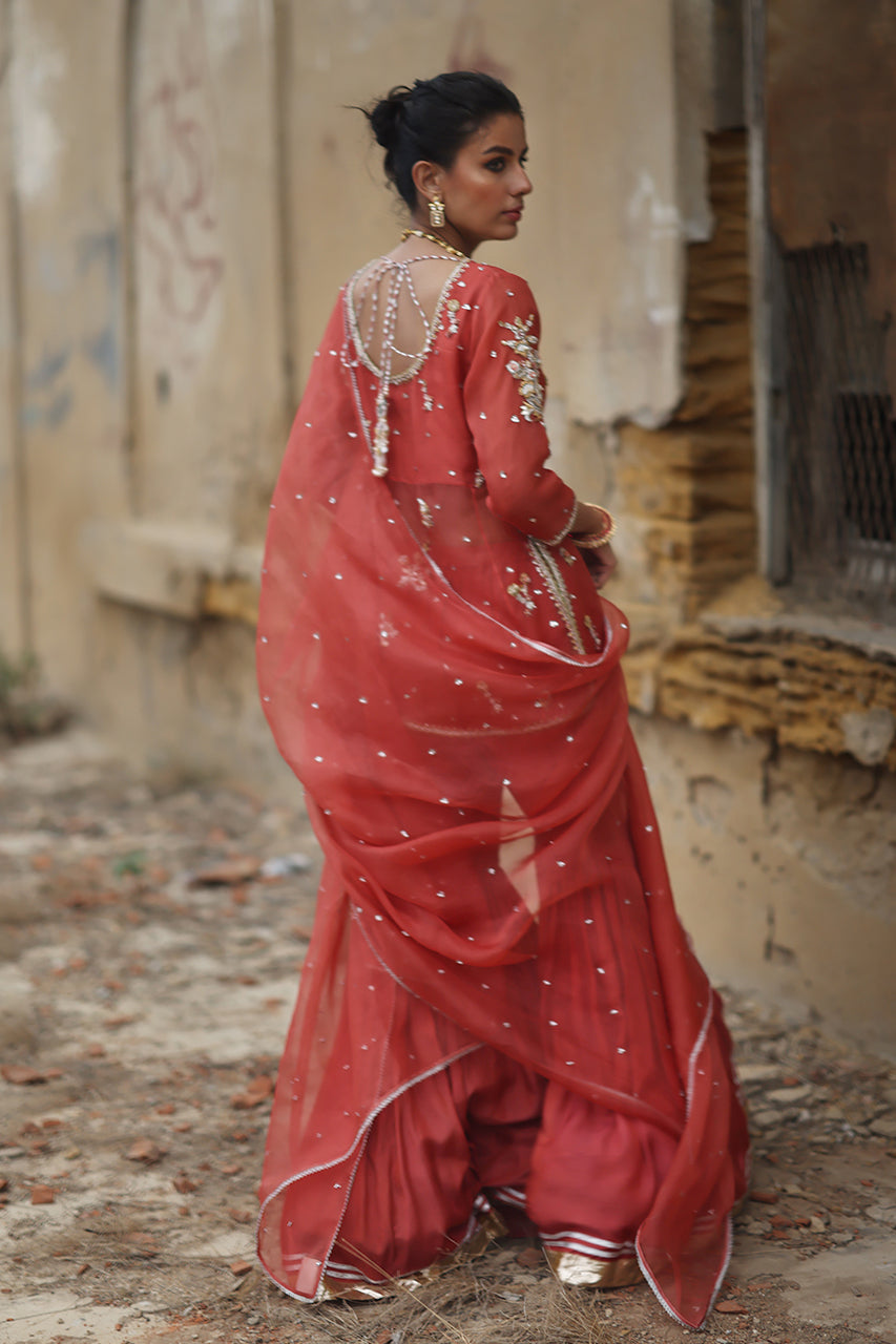 Coral-Pink Zardozi Organza Angrakha with Silk Gharara (3-Piece) - Image 3