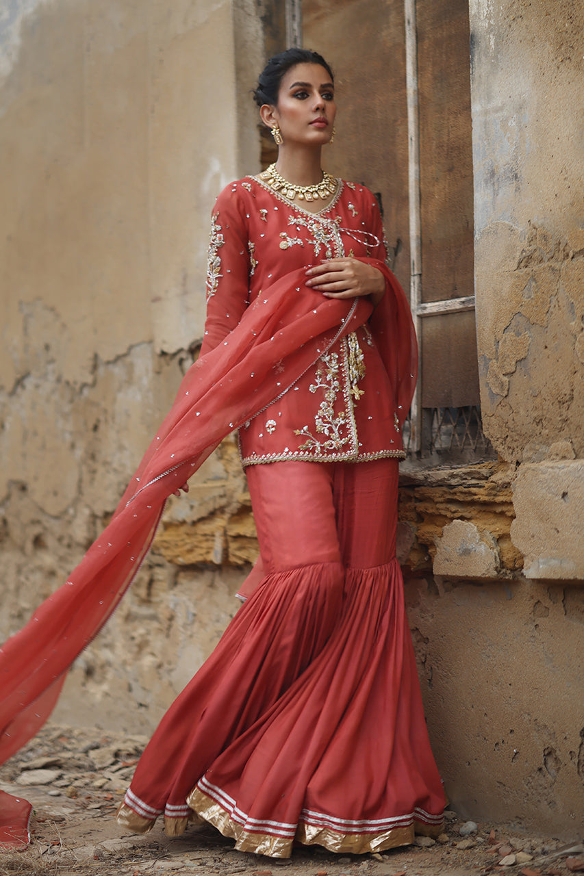 Coral-Pink Zardozi Organza Angrakha with Silk Gharara (3-Piece) - Image 4