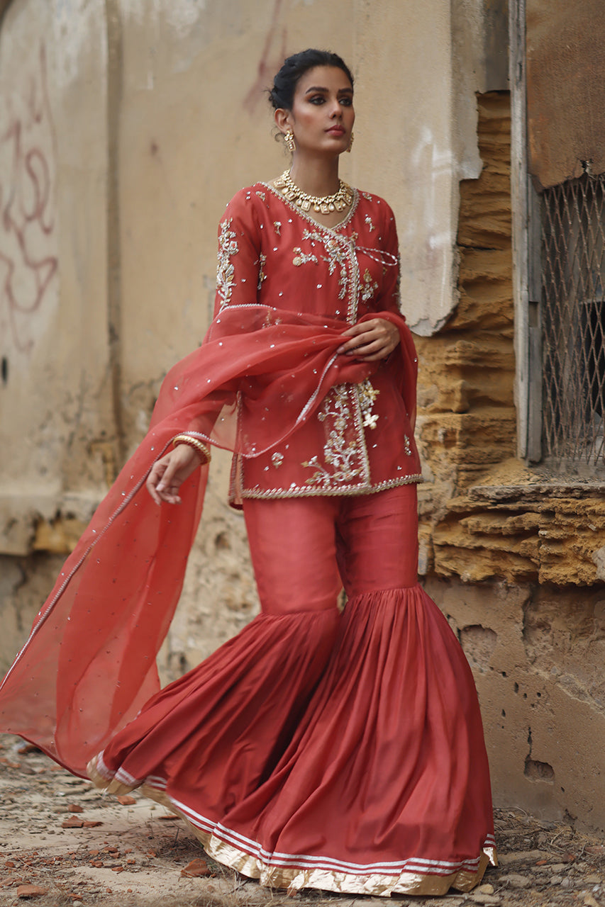Coral-Pink Zardozi Organza Angrakha with Silk Gharara (3-Piece) - Image 5