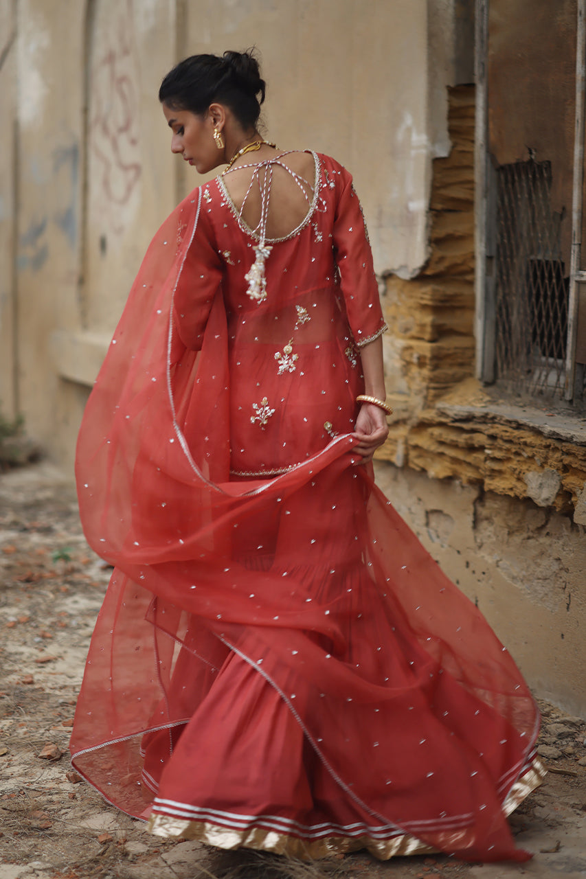 Coral-Pink Zardozi Organza Angrakha with Silk Gharara (3-Piece) - Image 6