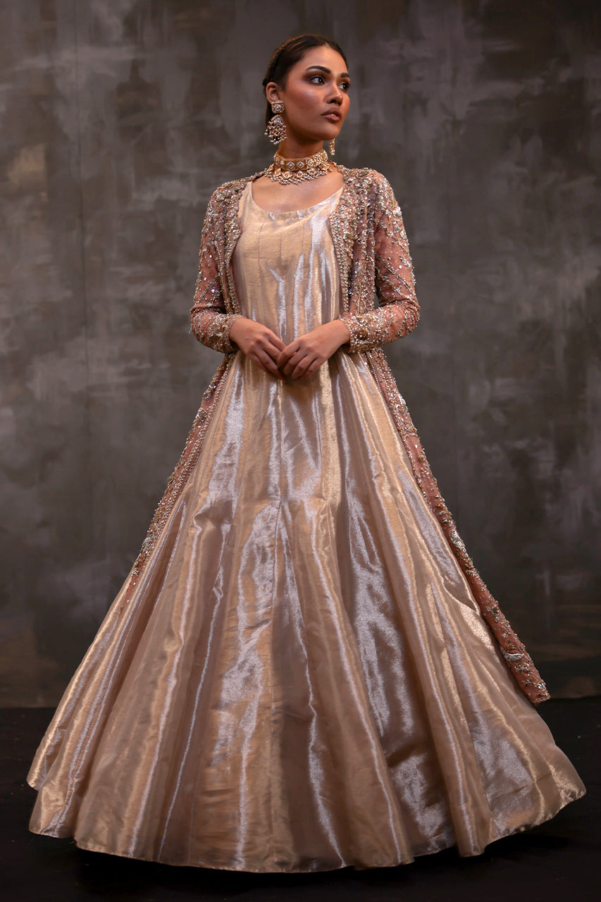 Pakistani Powder Pink Zardozi Organza & Tissue Bridal Gharara (3-Piece) - Image 1