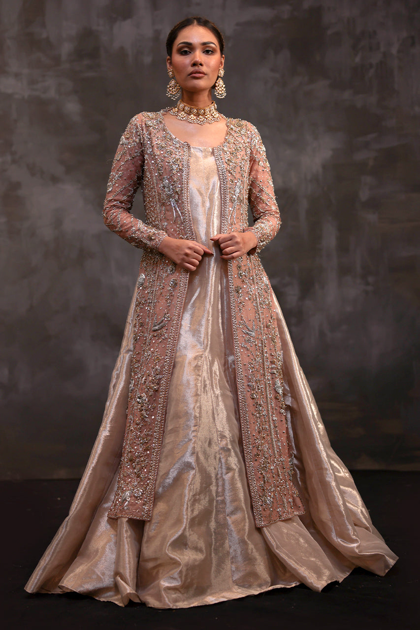 Pakistani Powder Pink Zardozi Organza & Tissue Bridal Gharara (3-Piece) - Image 3