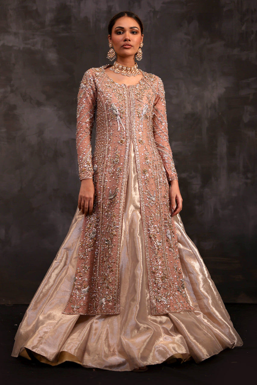 Pakistani Powder Pink Zardozi Organza & Tissue Bridal Gharara (3-Piece) - Image 4