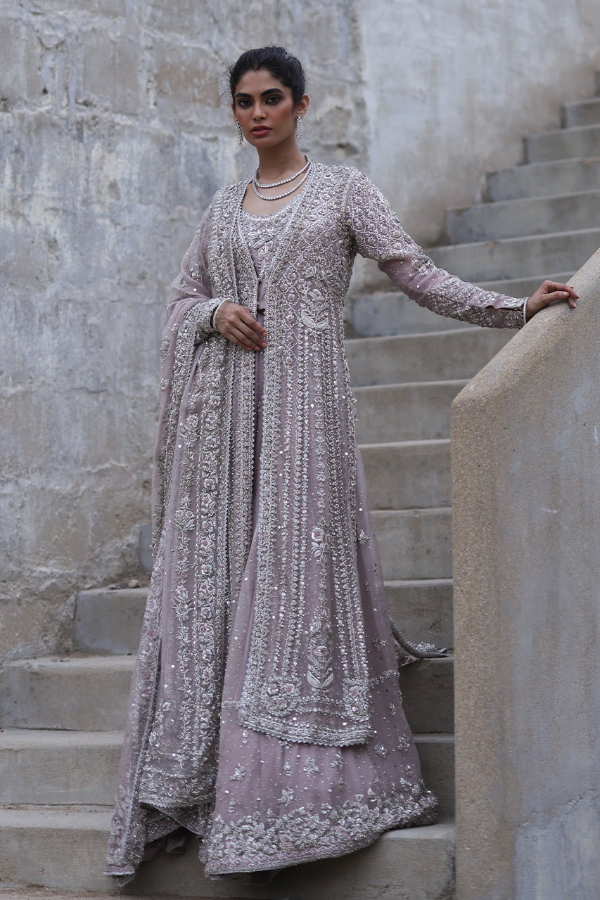 Pakistani Nude Pink Zardozi Organza Bridal Jacket Gharara (3-Piece) - Image 5