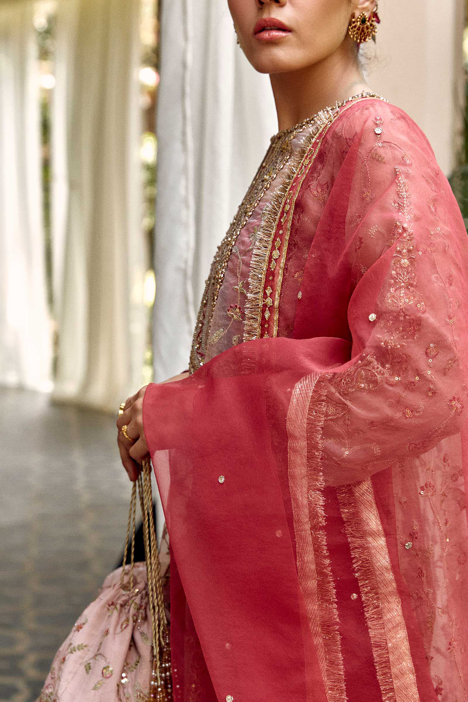 Pink Embellished Organza Kurta with Kamkhaab Gharara (3-Piece) - Image 5