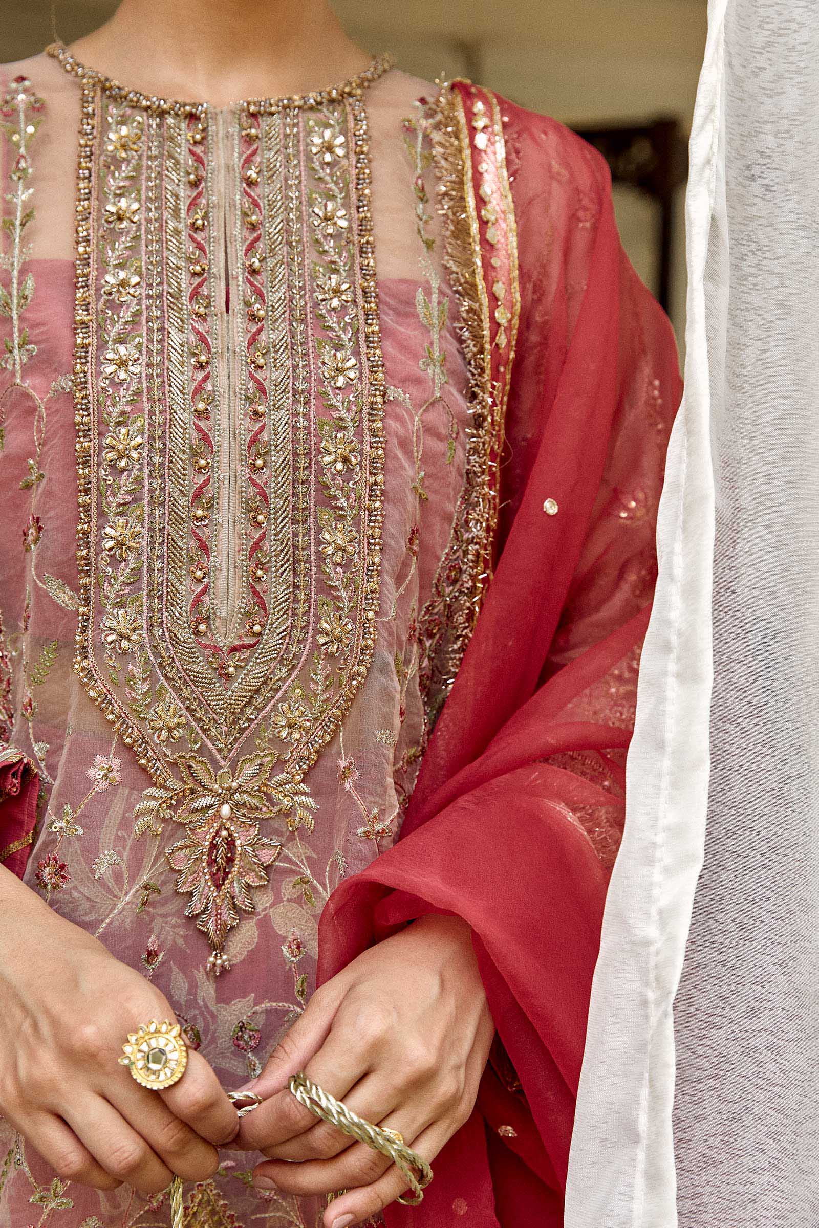 Pink Embellished Organza Kurta with Kamkhaab Gharara (3-Piece) - Image 7