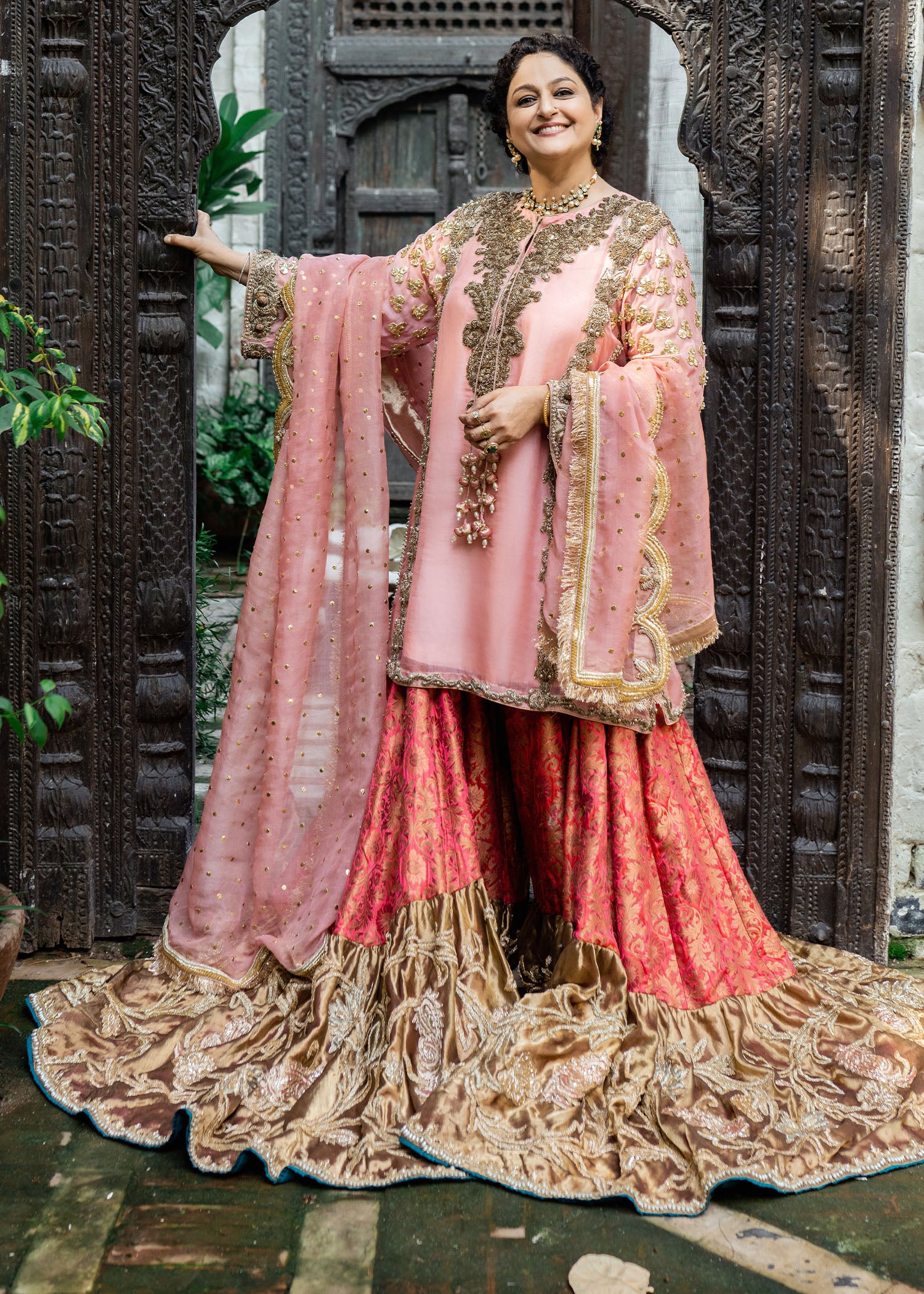 Soft Pink Zardozi Organza Shirt & Khamkhaab Gharara (3-Piece) - Image 1