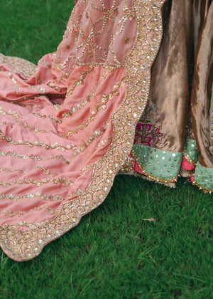 Pink Embroidered Organza Shirt & Copper Tissue Gharara (3-Piece) - Image 10