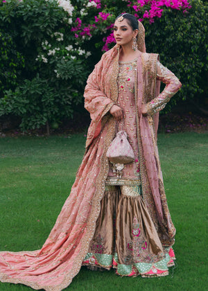 Pink Embroidered Organza Shirt & Copper Tissue Gharara (3-Piece) - Image 11