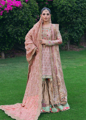 Pink Embroidered Organza Shirt & Copper Tissue Gharara (3-Piece) - Image 2