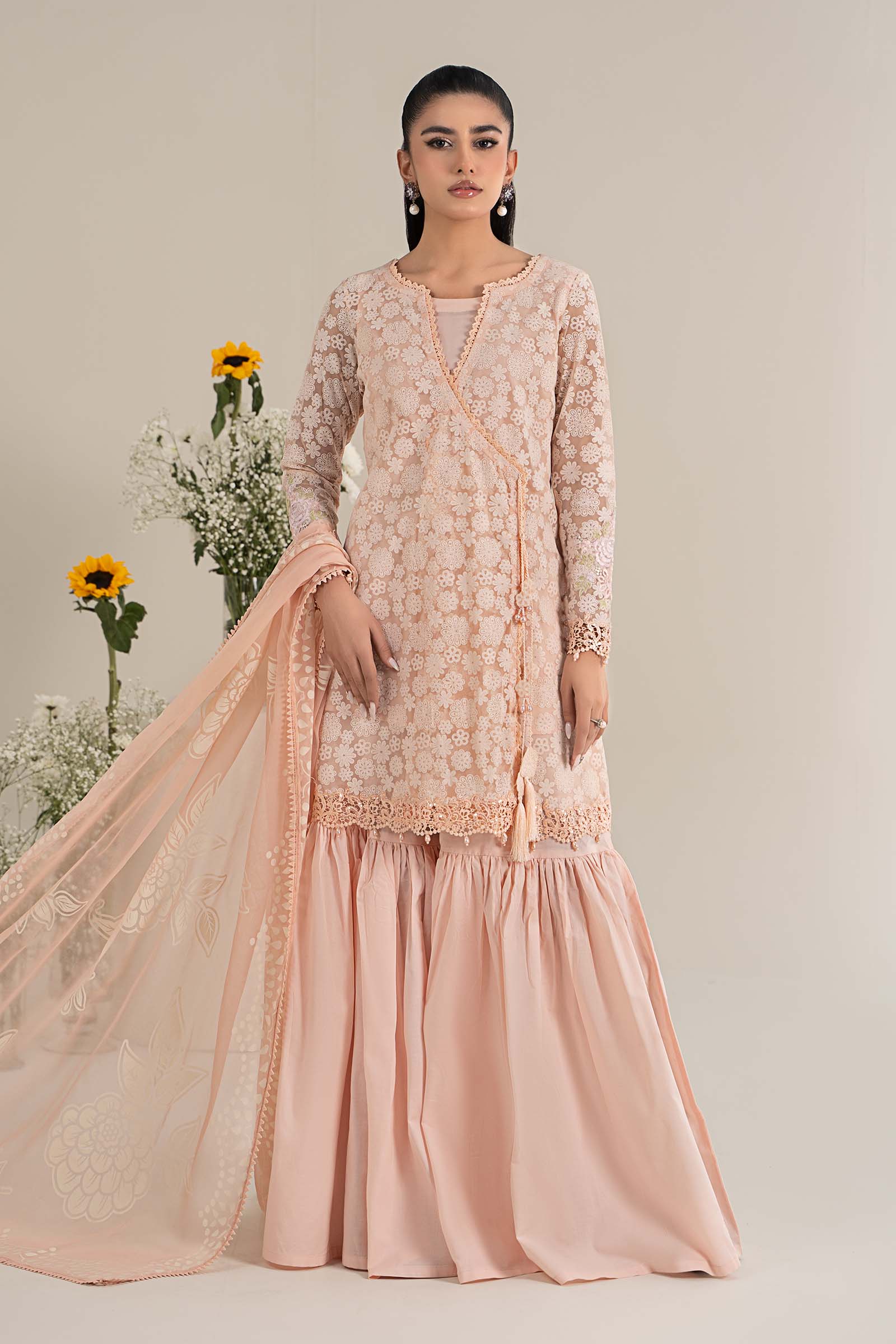 Pakistani Peach Embroidered Polyester Net Gharara Suit (3-Piece) - Image 2
