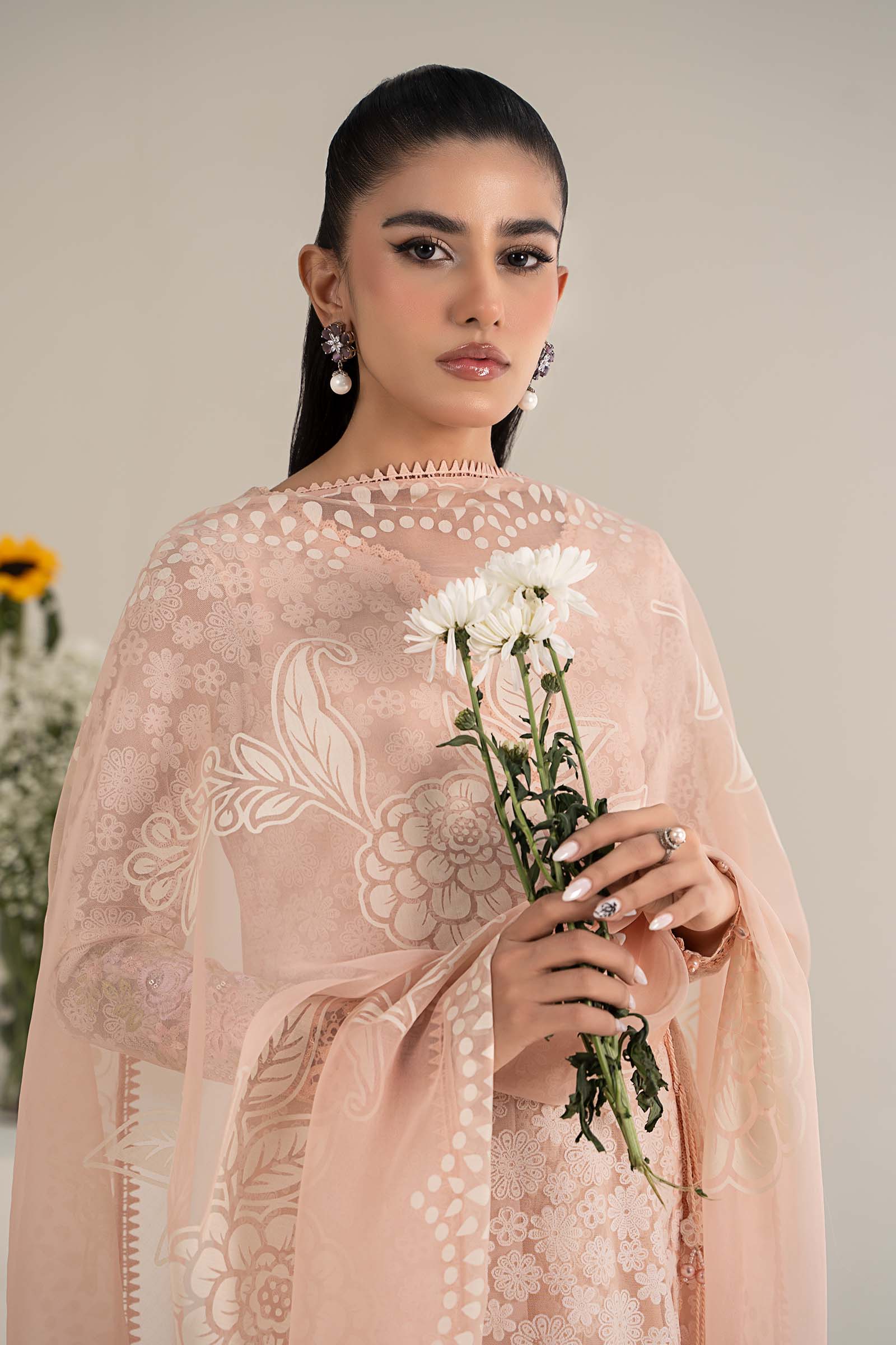 Pakistani Peach Embroidered Polyester Net Gharara Suit (3-Piece) - Image 3