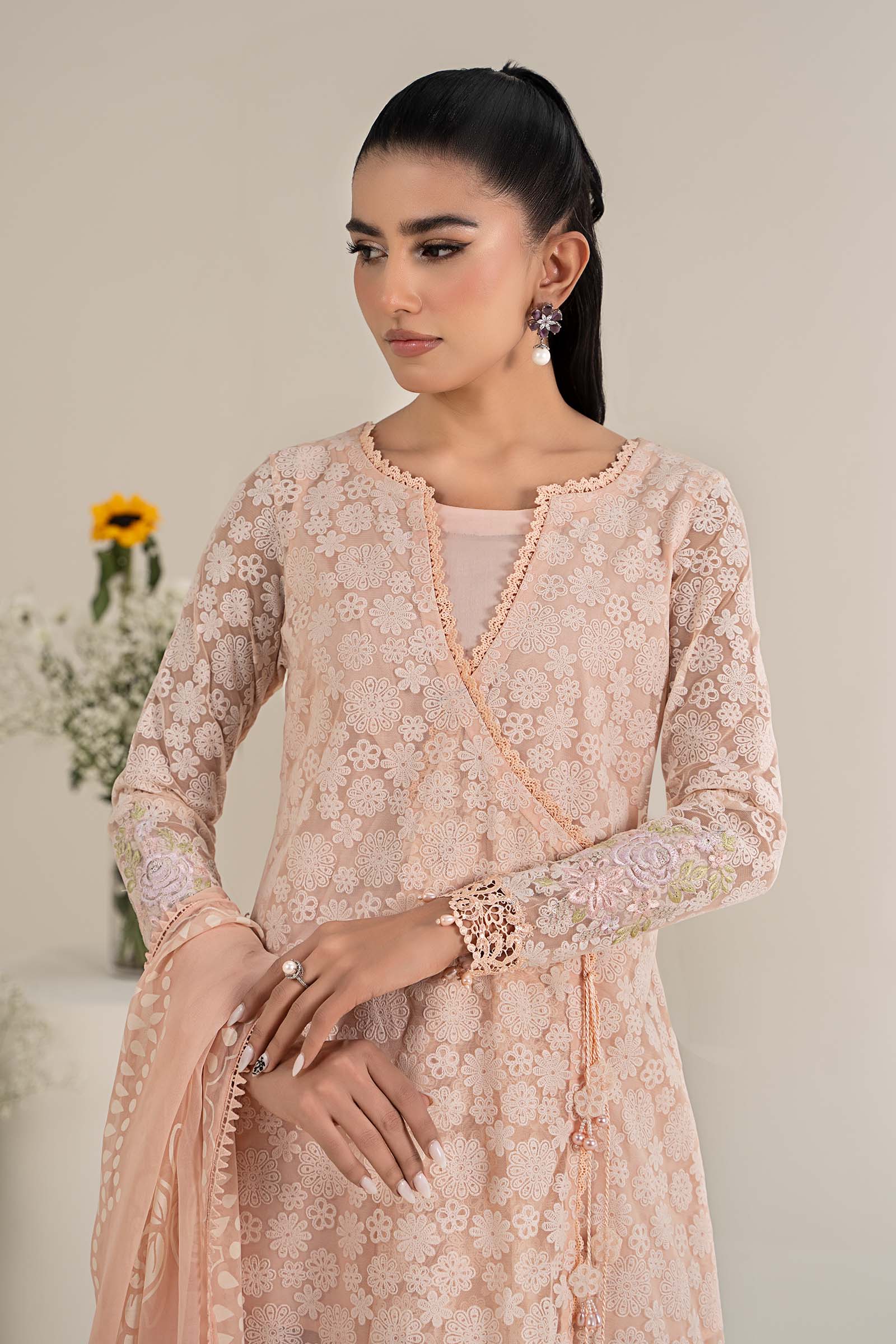 Pakistani Peach Embroidered Polyester Net Gharara Suit (3-Piece) - Image 4