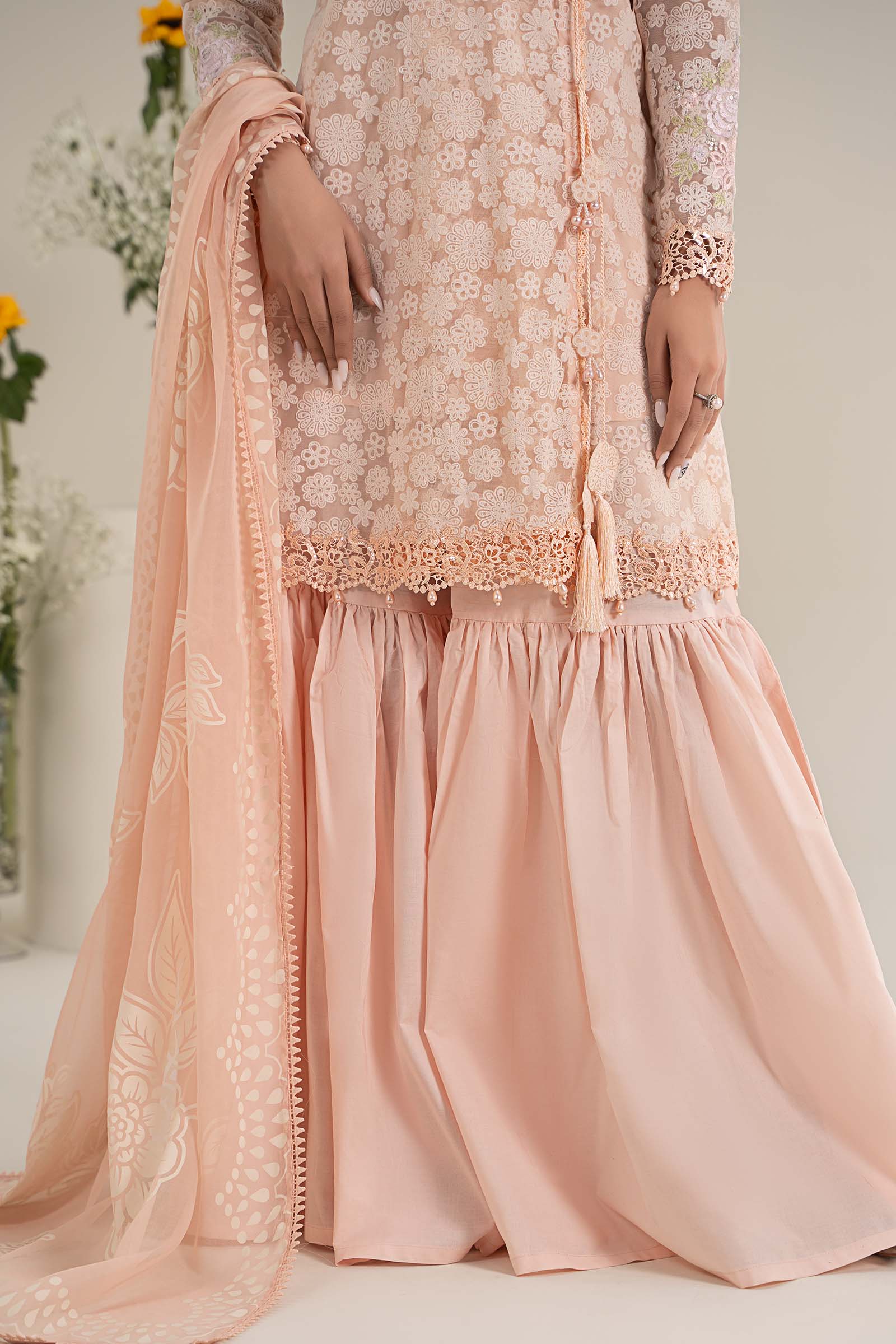 Pakistani Peach Embroidered Polyester Net Gharara Suit (3-Piece) - Image 5