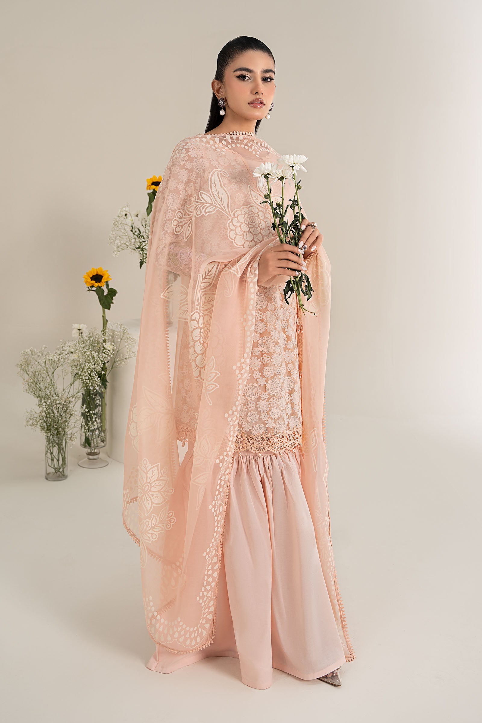 Pakistani Peach Embroidered Polyester Net Gharara Suit (3-Piece) - Image 6