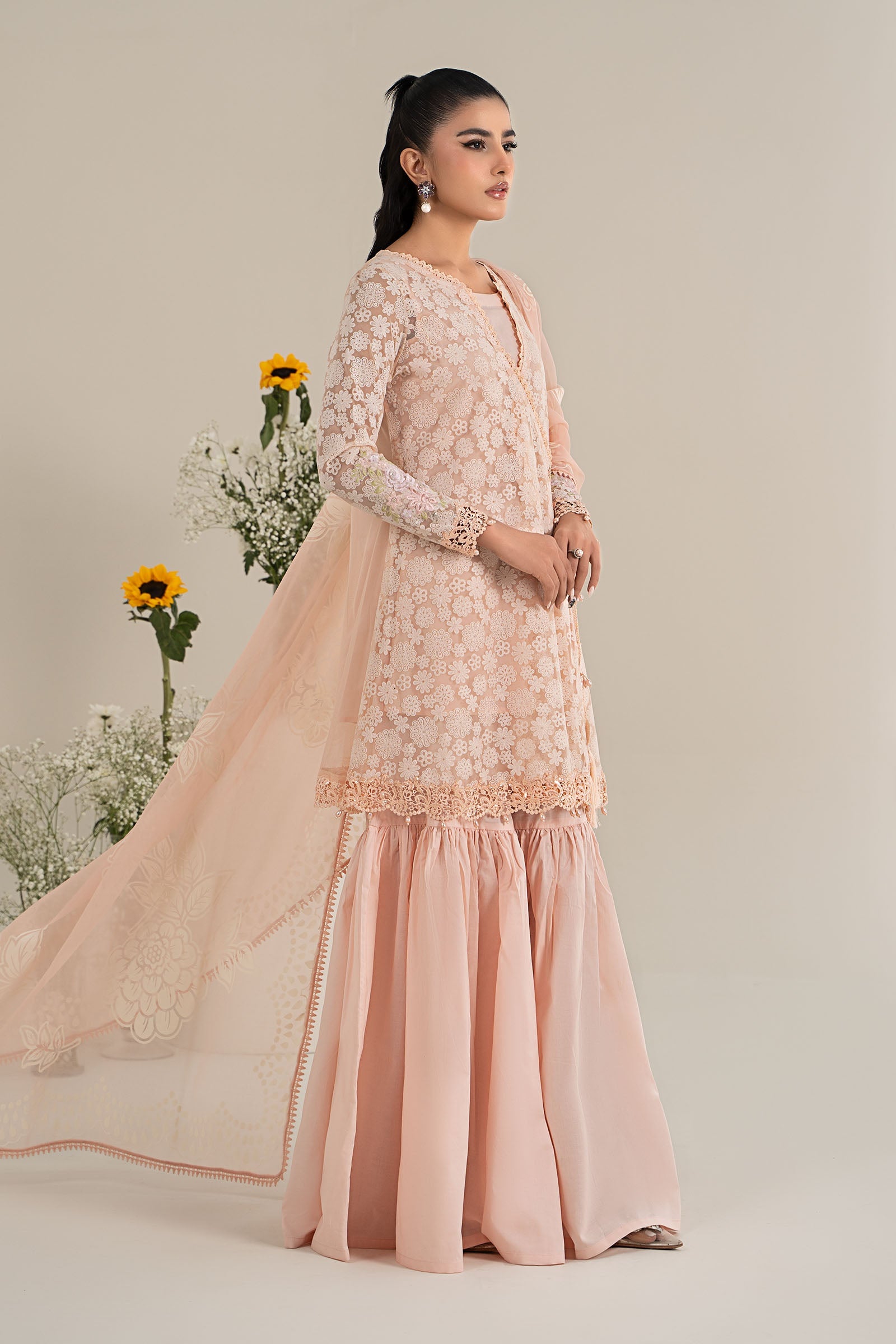 Pakistani Peach Embroidered Polyester Net Gharara Suit (3-Piece) - Image 7