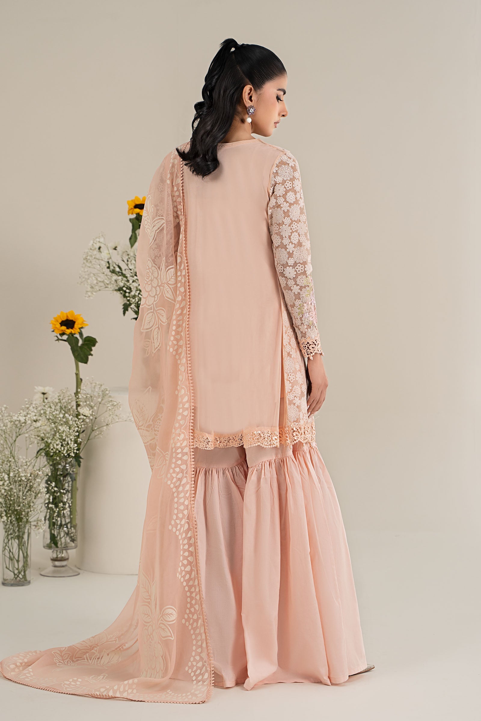 Pakistani Peach Embroidered Polyester Net Gharara Suit (3-Piece) - Image 8