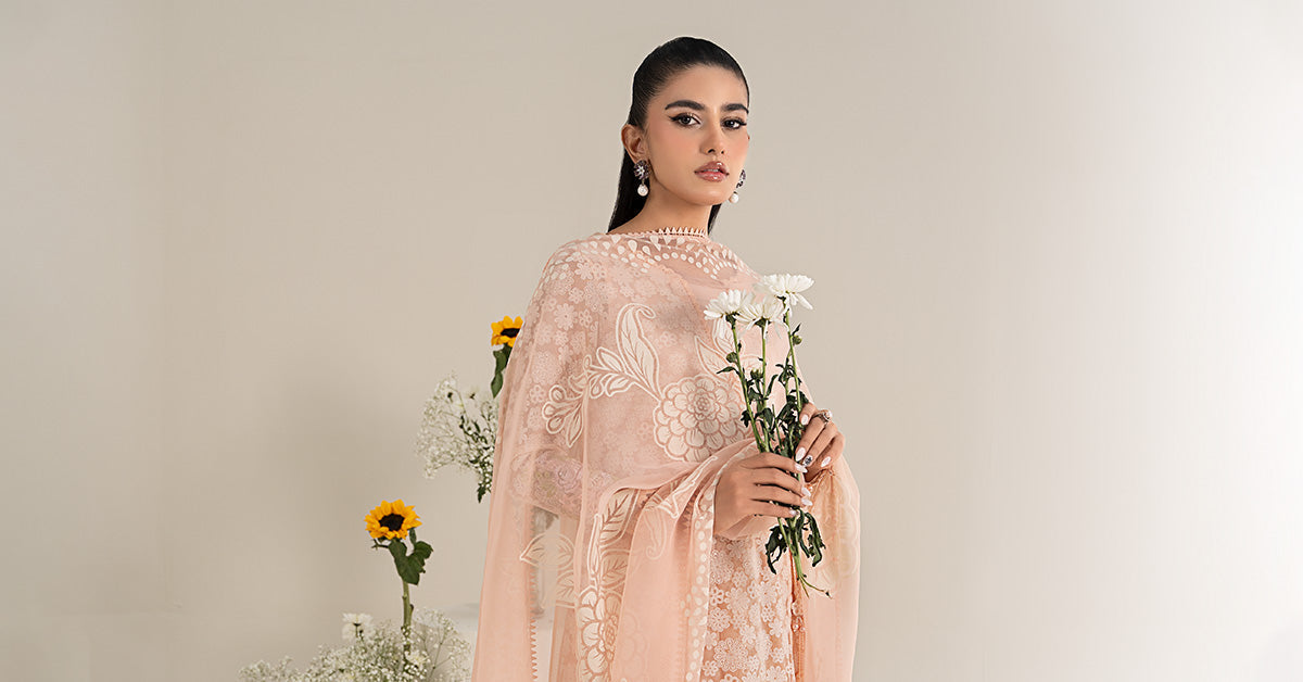 Pakistani Peach Embroidered Polyester Net Gharara Suit (3-Piece) - Image 9