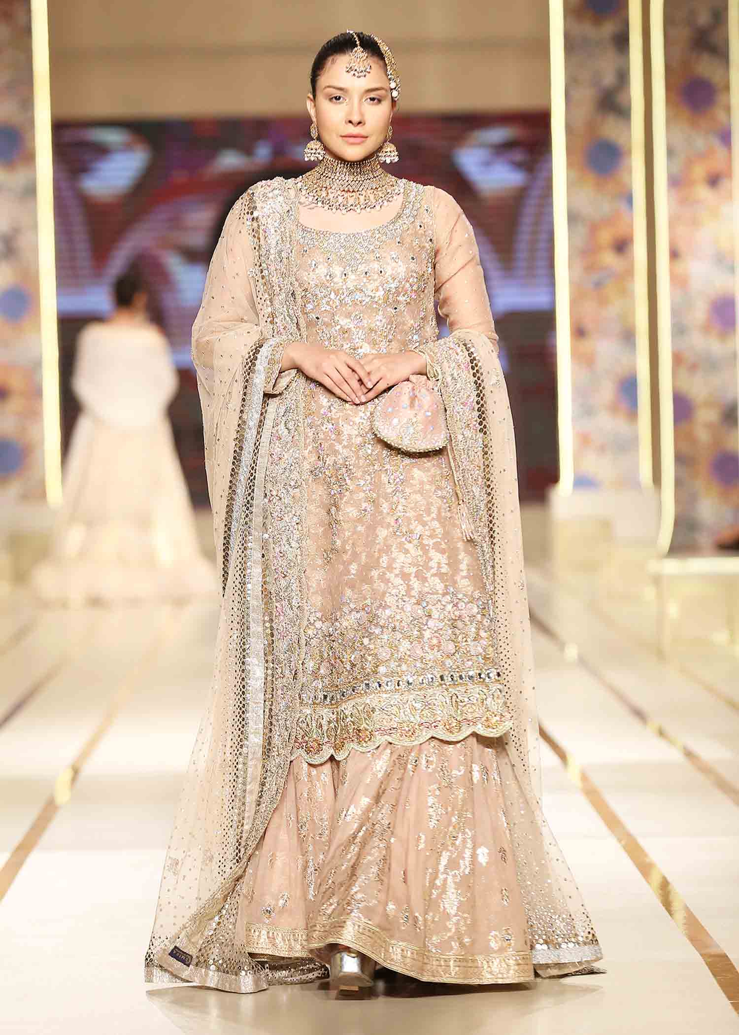 Pakistani Rose Pink Hand-Embroidered Silk Meysuri Gharara (3-Piece) - Image 1