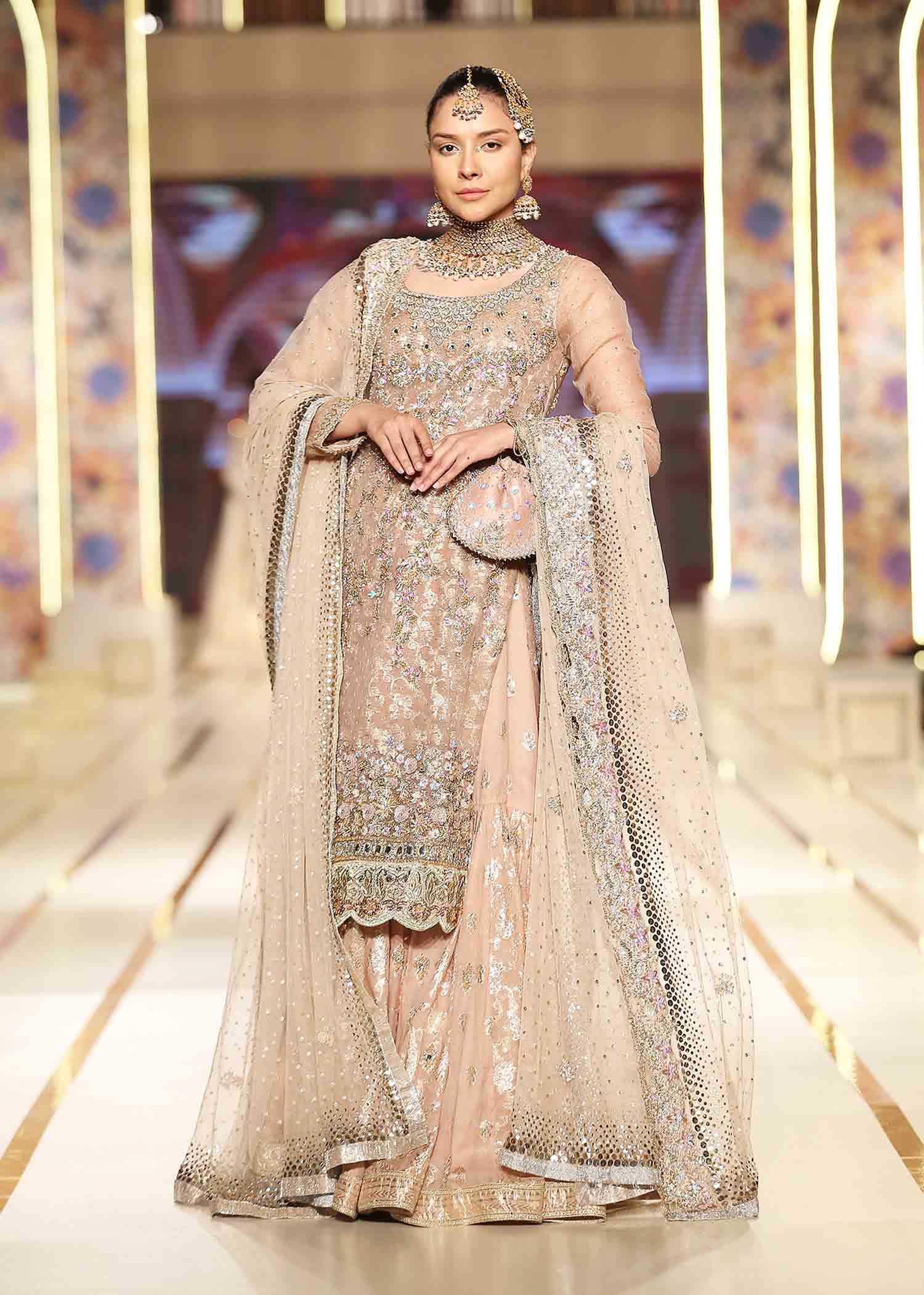 Pakistani Rose Pink Hand-Embroidered Silk Meysuri Gharara (3-Piece) - Image 2