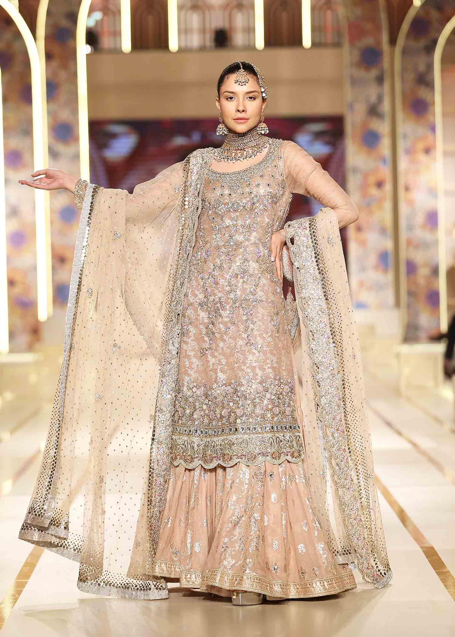 Pakistani Rose Pink Hand-Embroidered Silk Meysuri Gharara (3-Piece) - Image 3