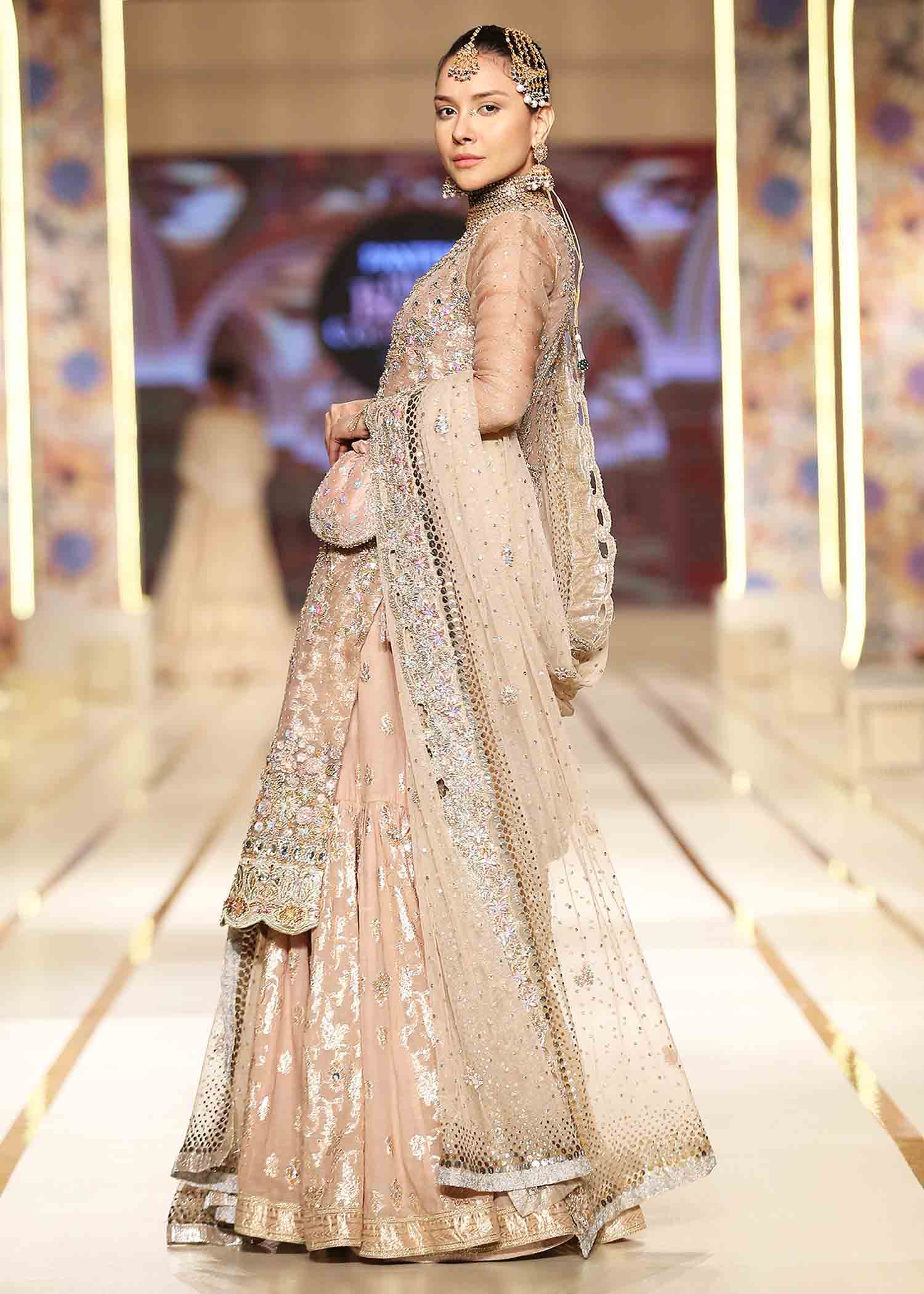 Pakistani Rose Pink Hand-Embroidered Silk Meysuri Gharara (3-Piece) - Image 4