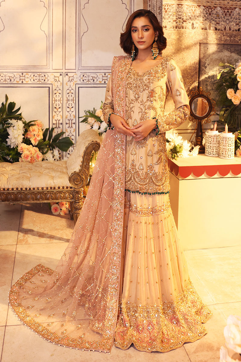 Pakistani Tea Pink Handworked Raw Silk Gharara Set (3-Piece) - Image 1
