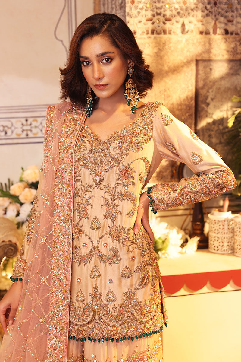 Pakistani Tea Pink Handworked Raw Silk Gharara Set (3-Piece) - Image 3