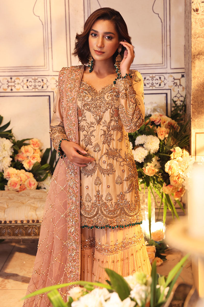Pakistani Tea Pink Handworked Raw Silk Gharara Set (3-Piece) - Image 4