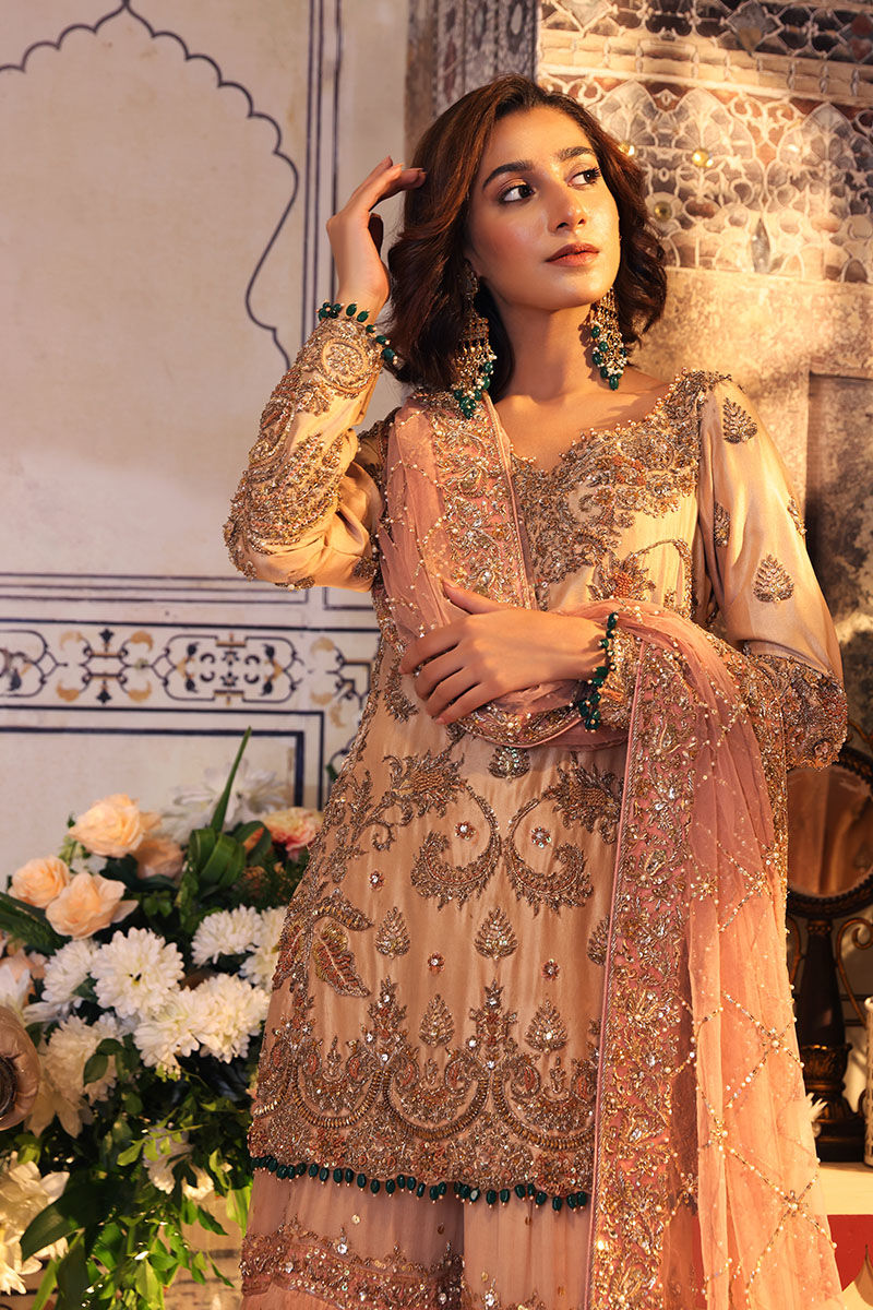 Pakistani Tea Pink Handworked Raw Silk Gharara Set (3-Piece) - Image 6