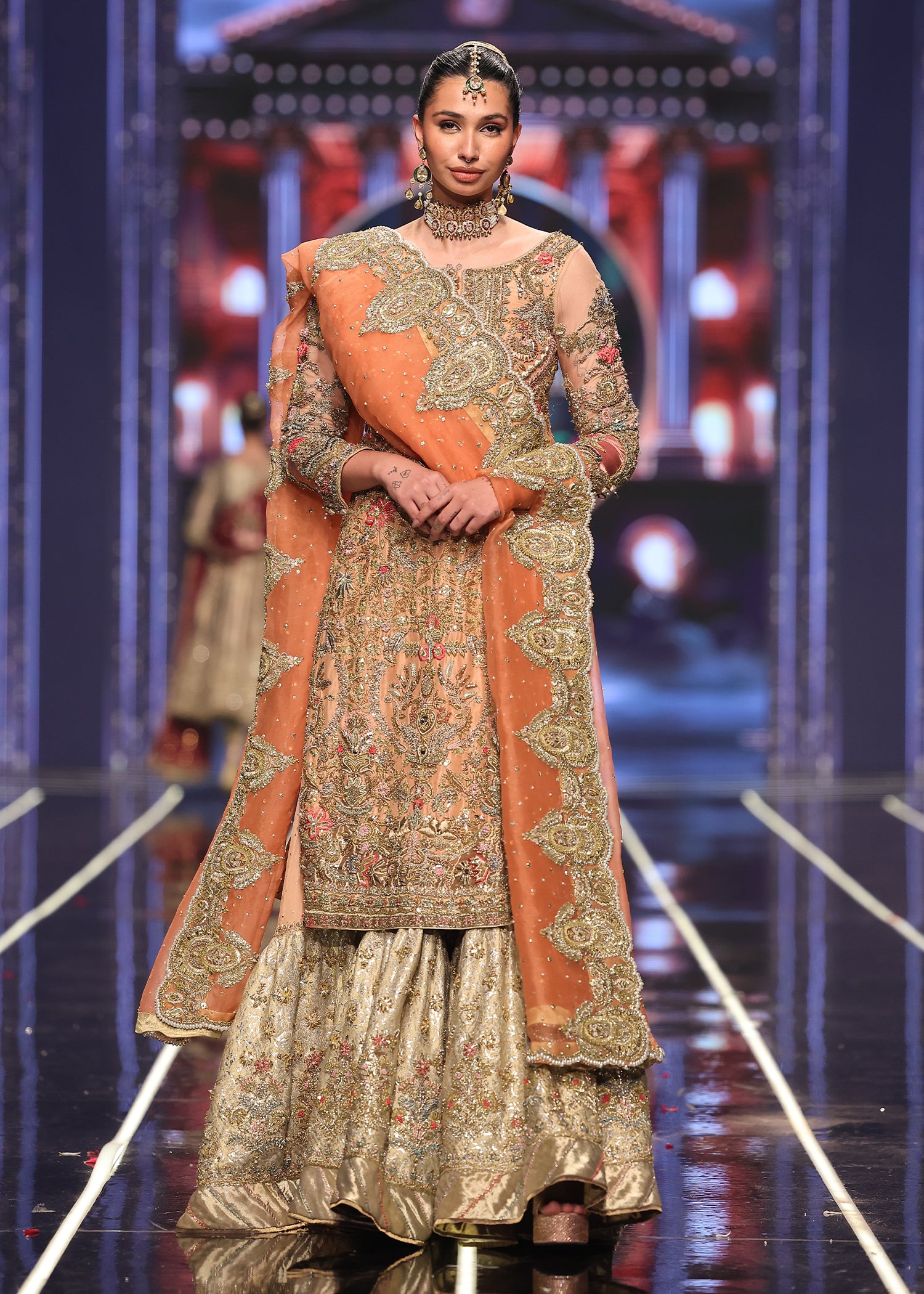Pakistani Coral Embroidered Raw Silk Gharara Set (3-Piece) - Image 1