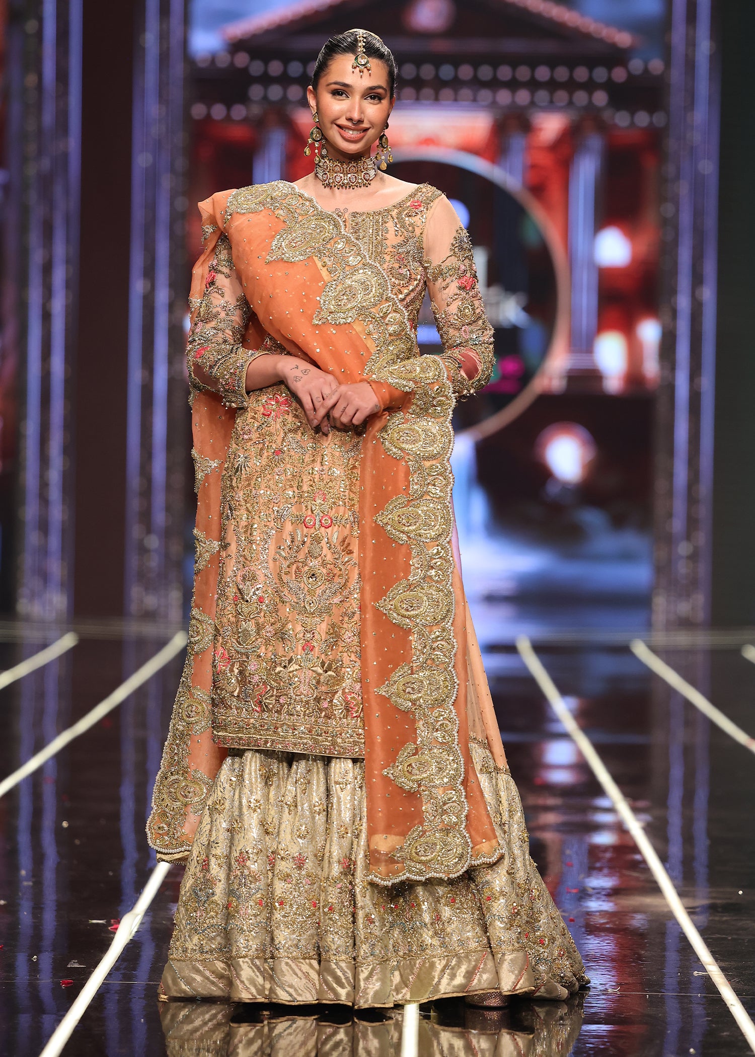 Pakistani Coral Embroidered Raw Silk Gharara Set (3-Piece) - Image 2