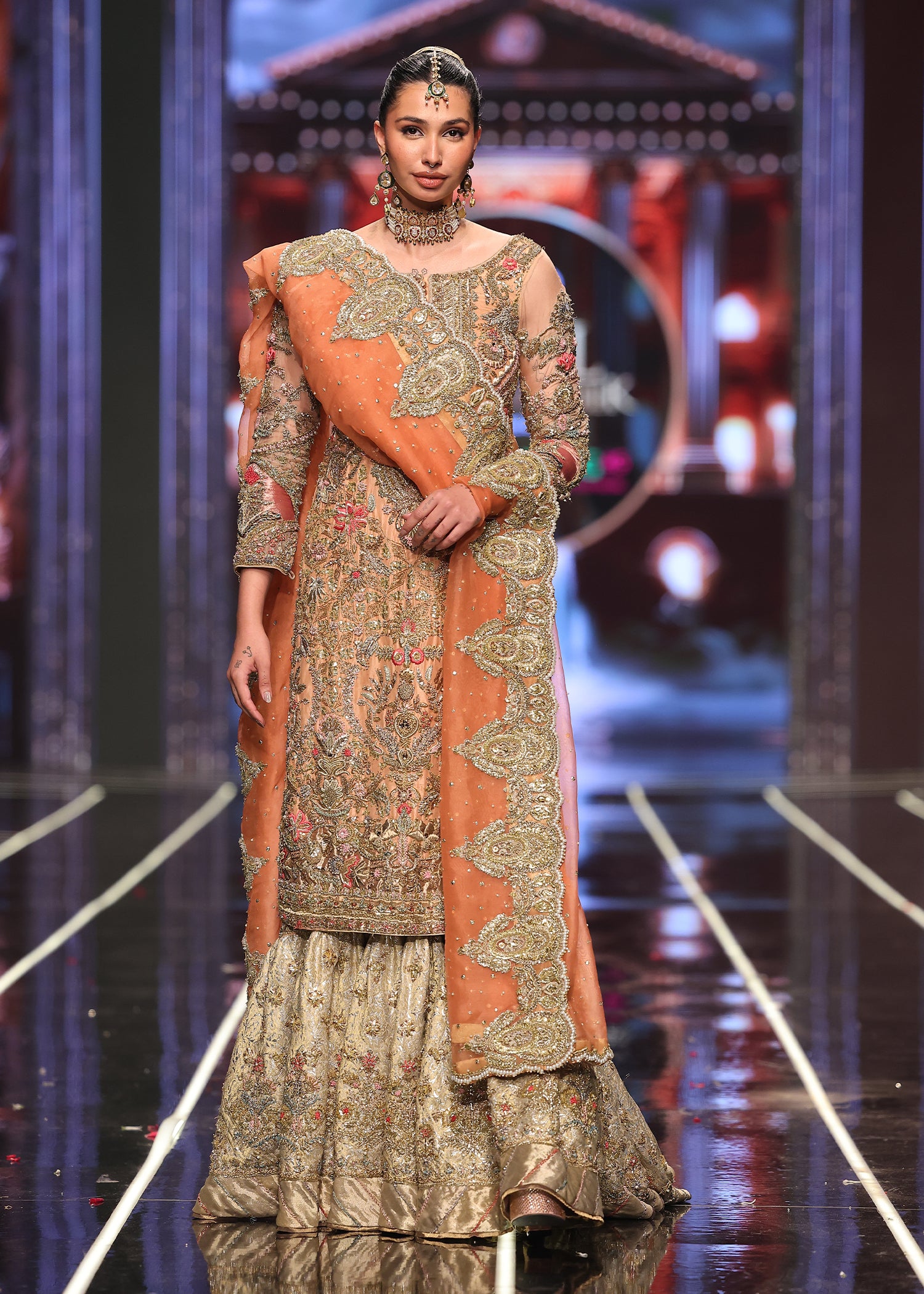 Pakistani Coral Embroidered Raw Silk Gharara Set (3-Piece) - Image 3