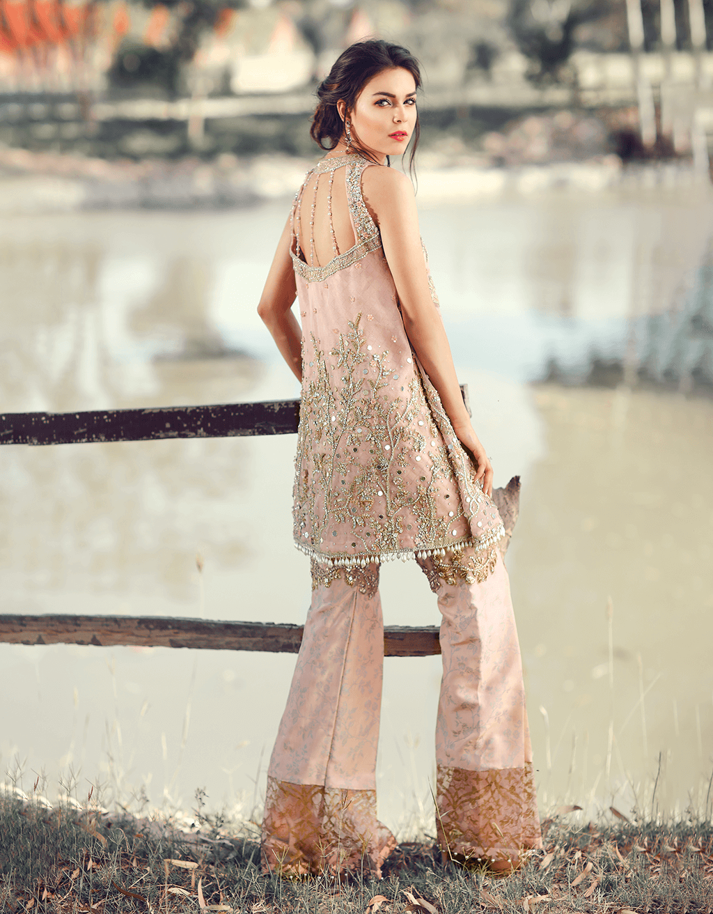 Powder Pink Embellished Raw Silk Angrakha Gharara (2-Piece) - Image 2