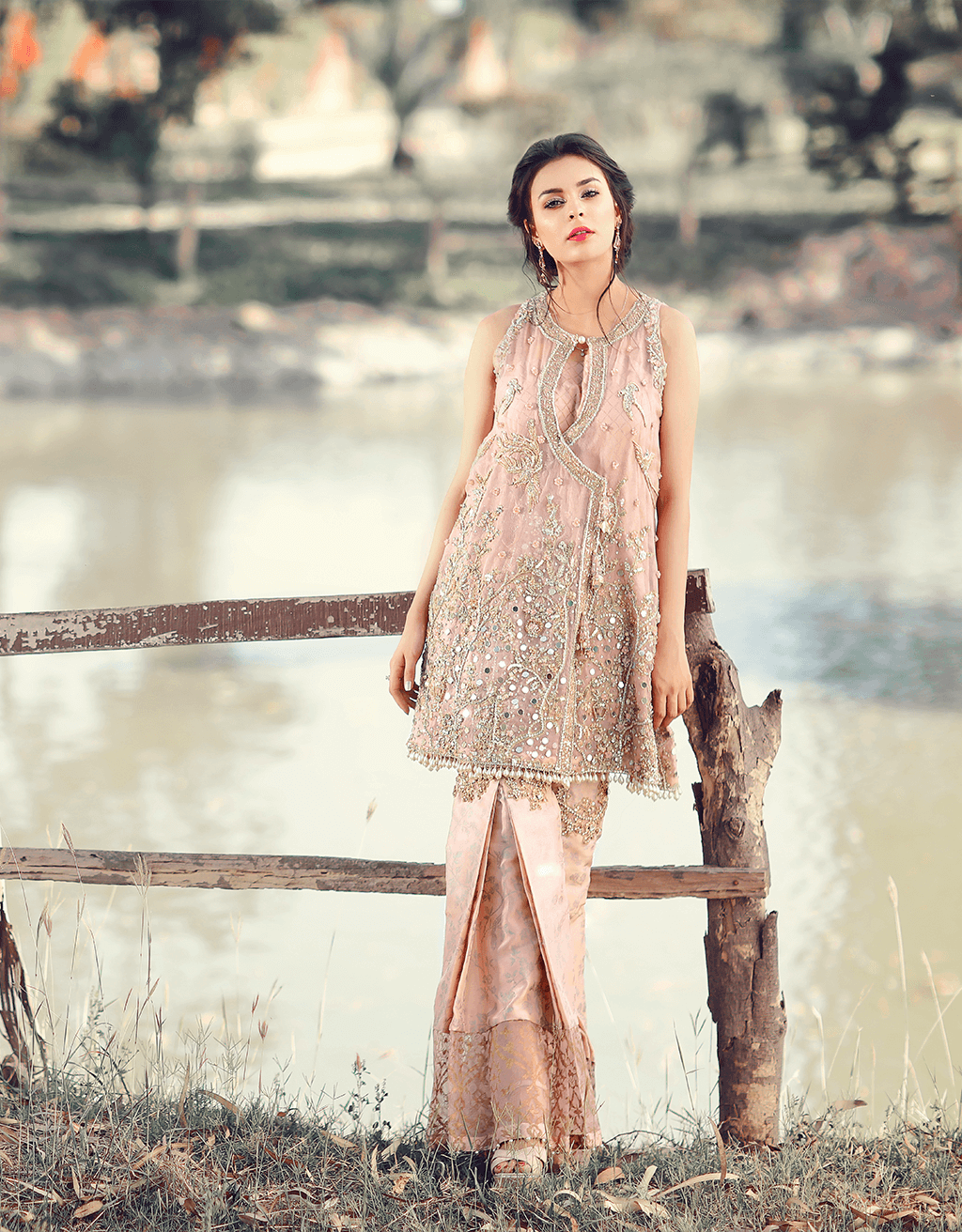 Powder Pink Embellished Raw Silk Angrakha Gharara (2-Piece) - Image 3
