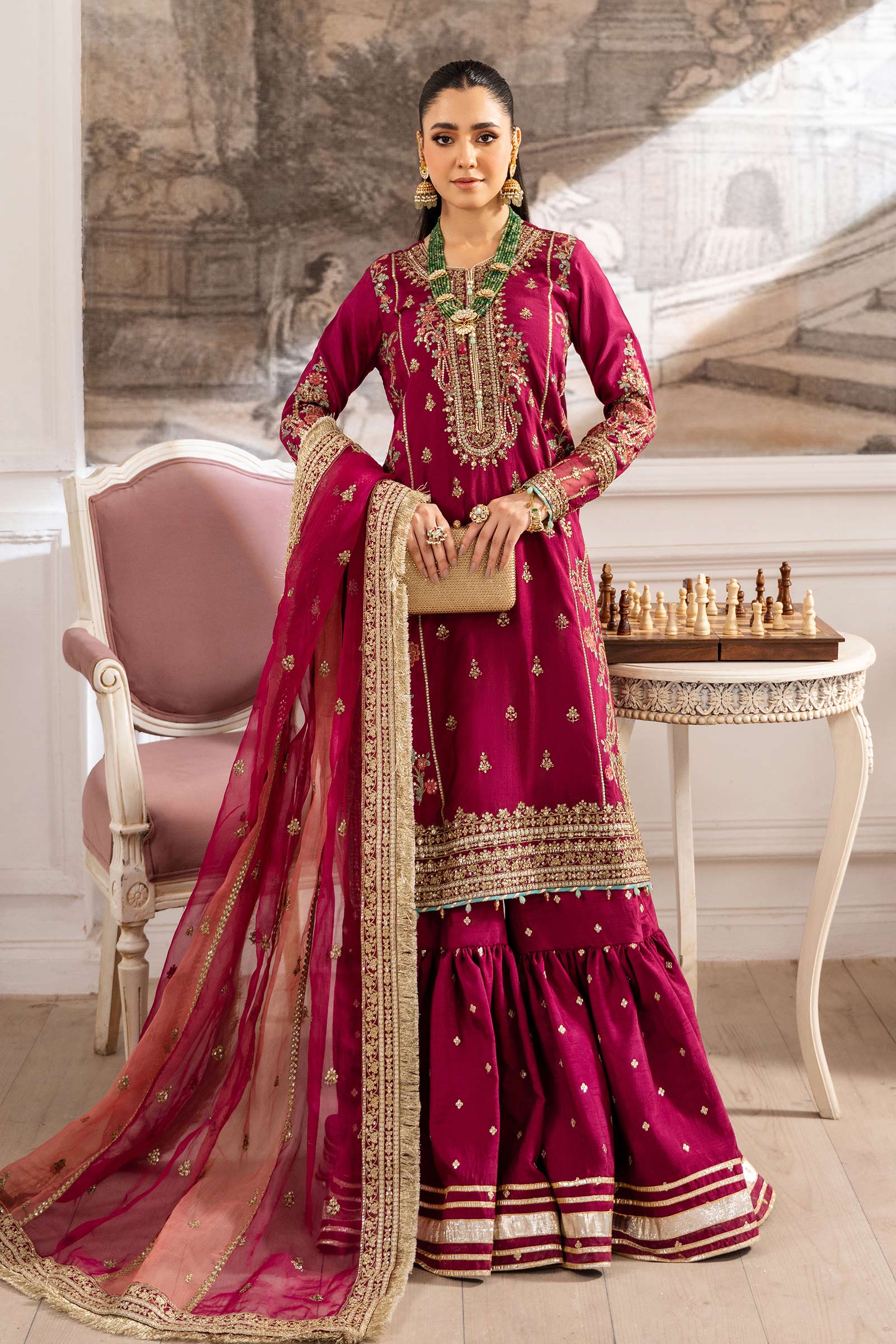 Pakistani Pink Embroidered Raw Silk Gharara Set (3-Piece) - Image 1