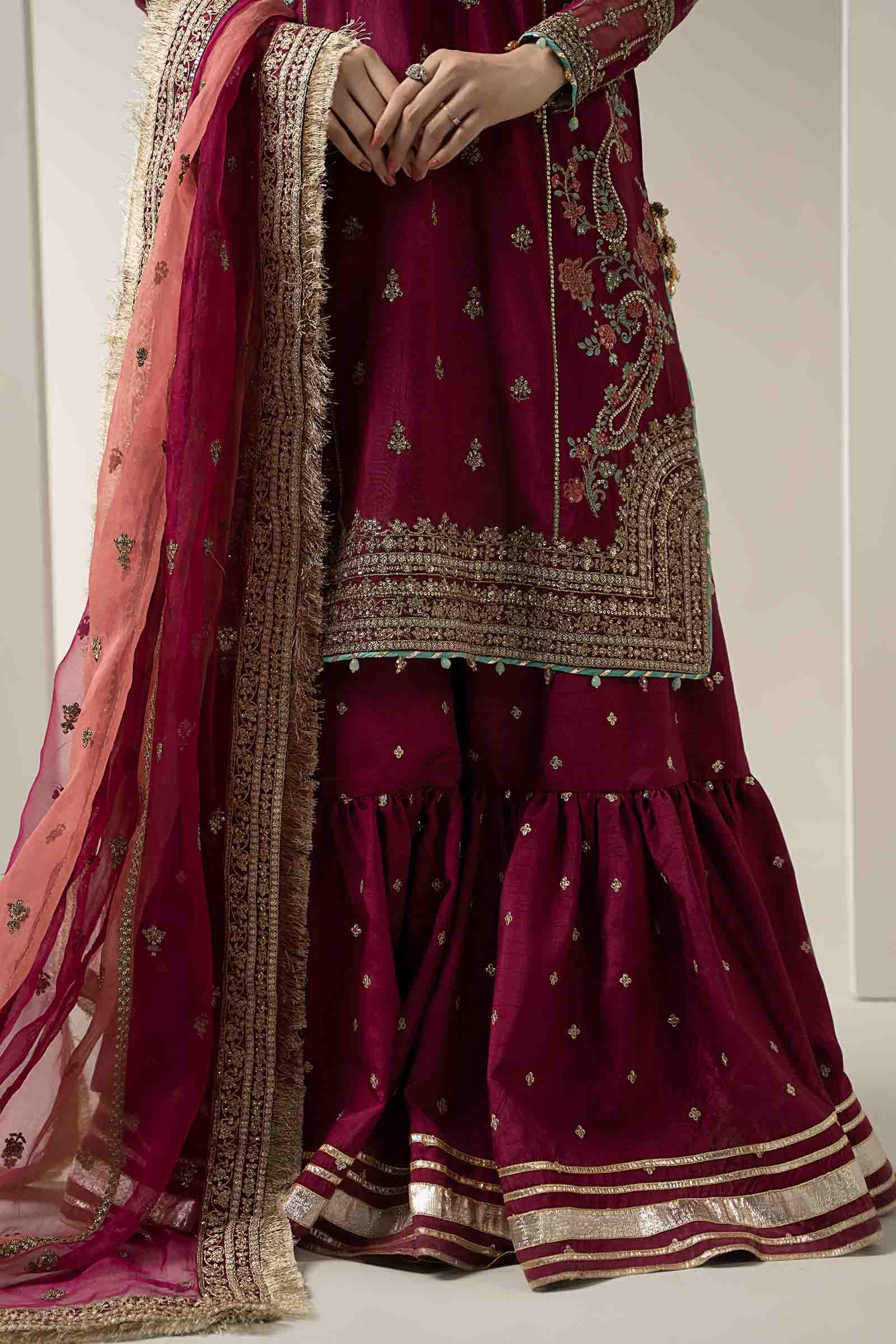 Pakistani Pink Embroidered Raw Silk Gharara Set (3-Piece) - Image 11