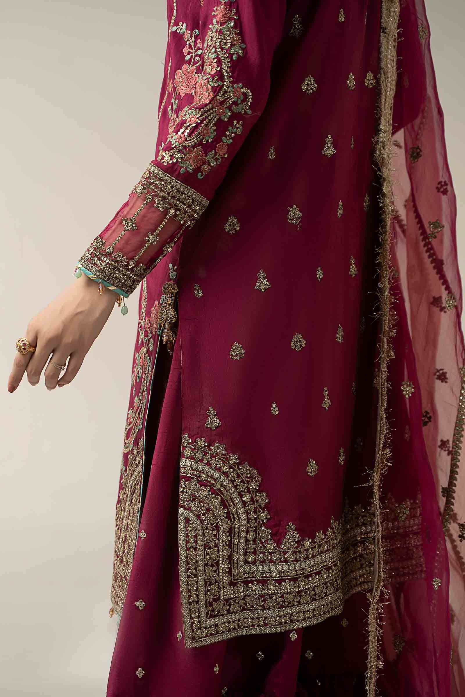 Pakistani Pink Embroidered Raw Silk Gharara Set (3-Piece) - Image 12