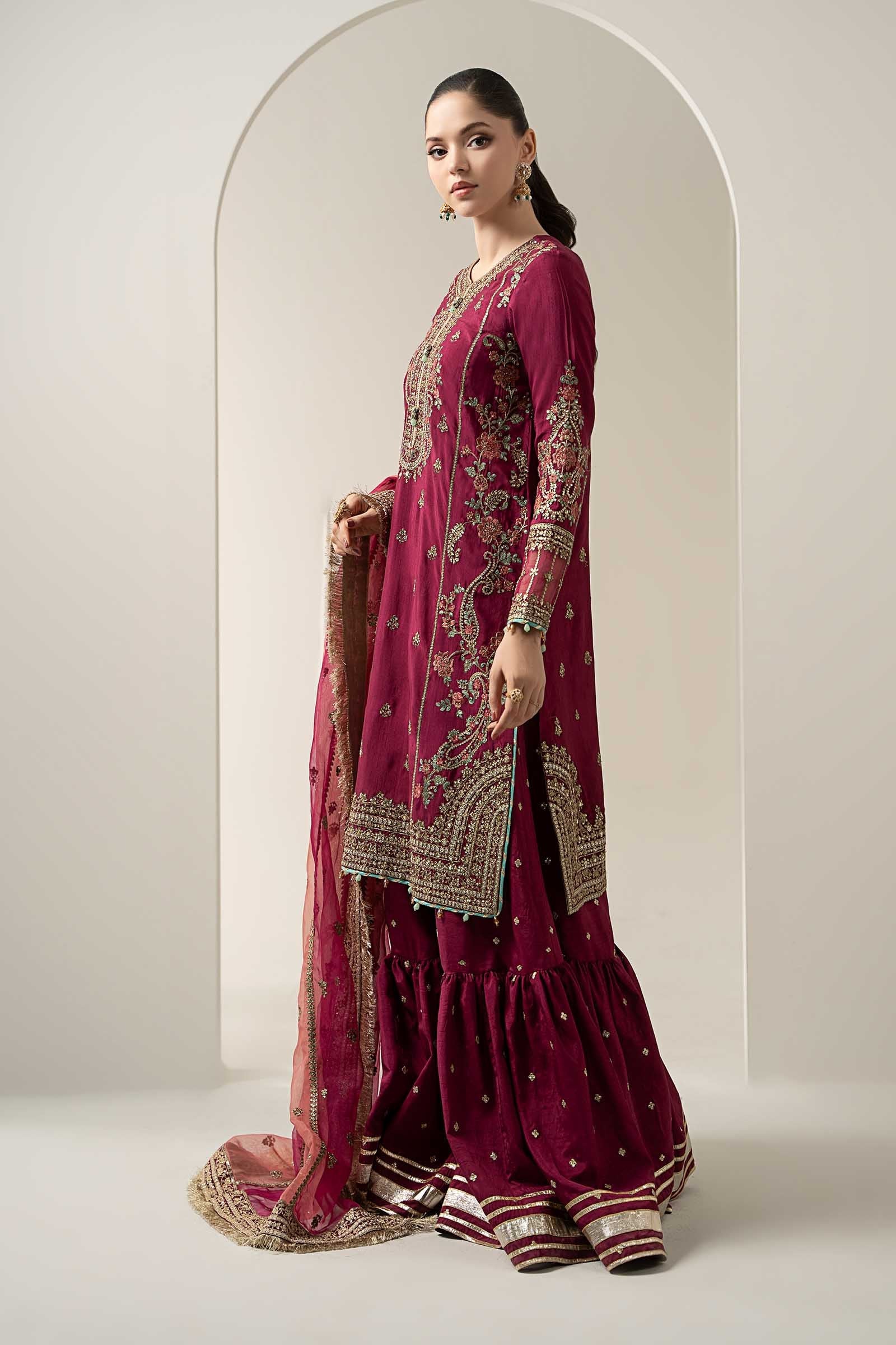Pakistani Pink Embroidered Raw Silk Gharara Set (3-Piece) - Image 13