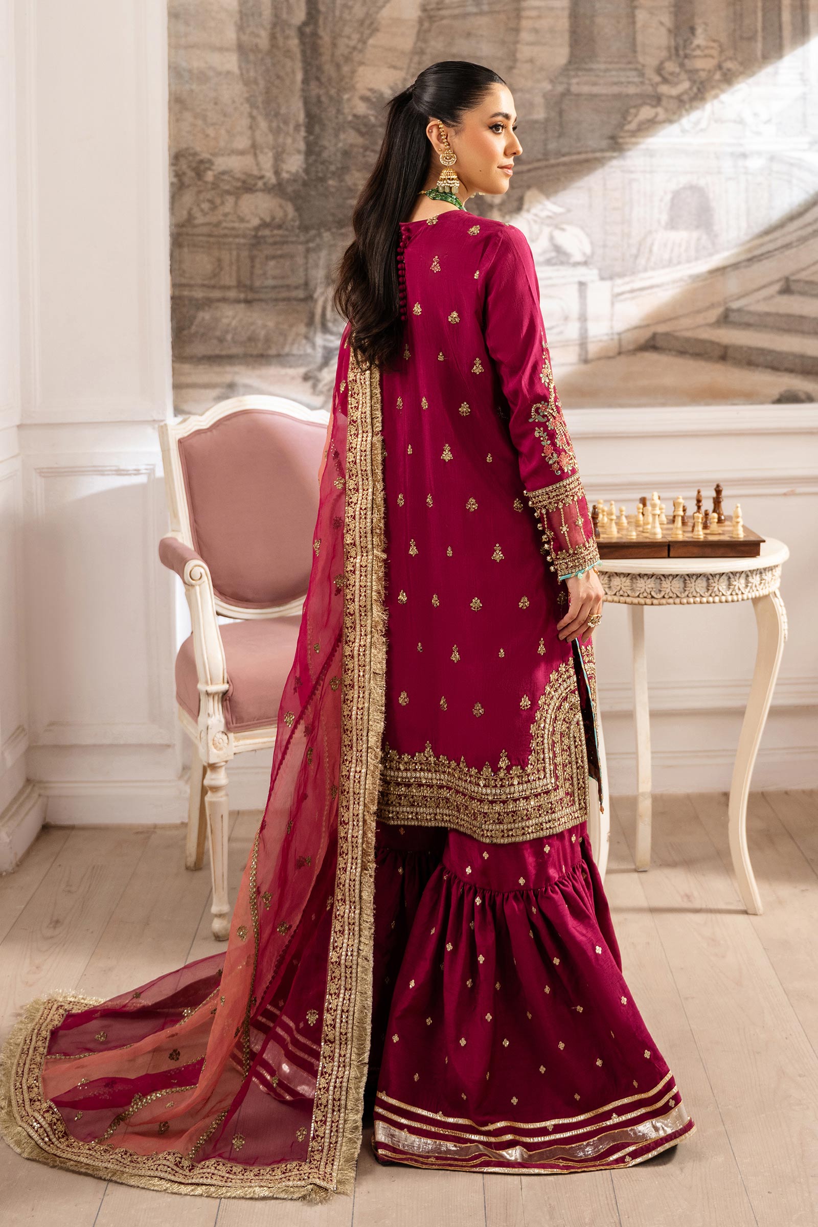 Pakistani Pink Embroidered Raw Silk Gharara Set (3-Piece) - Image 14