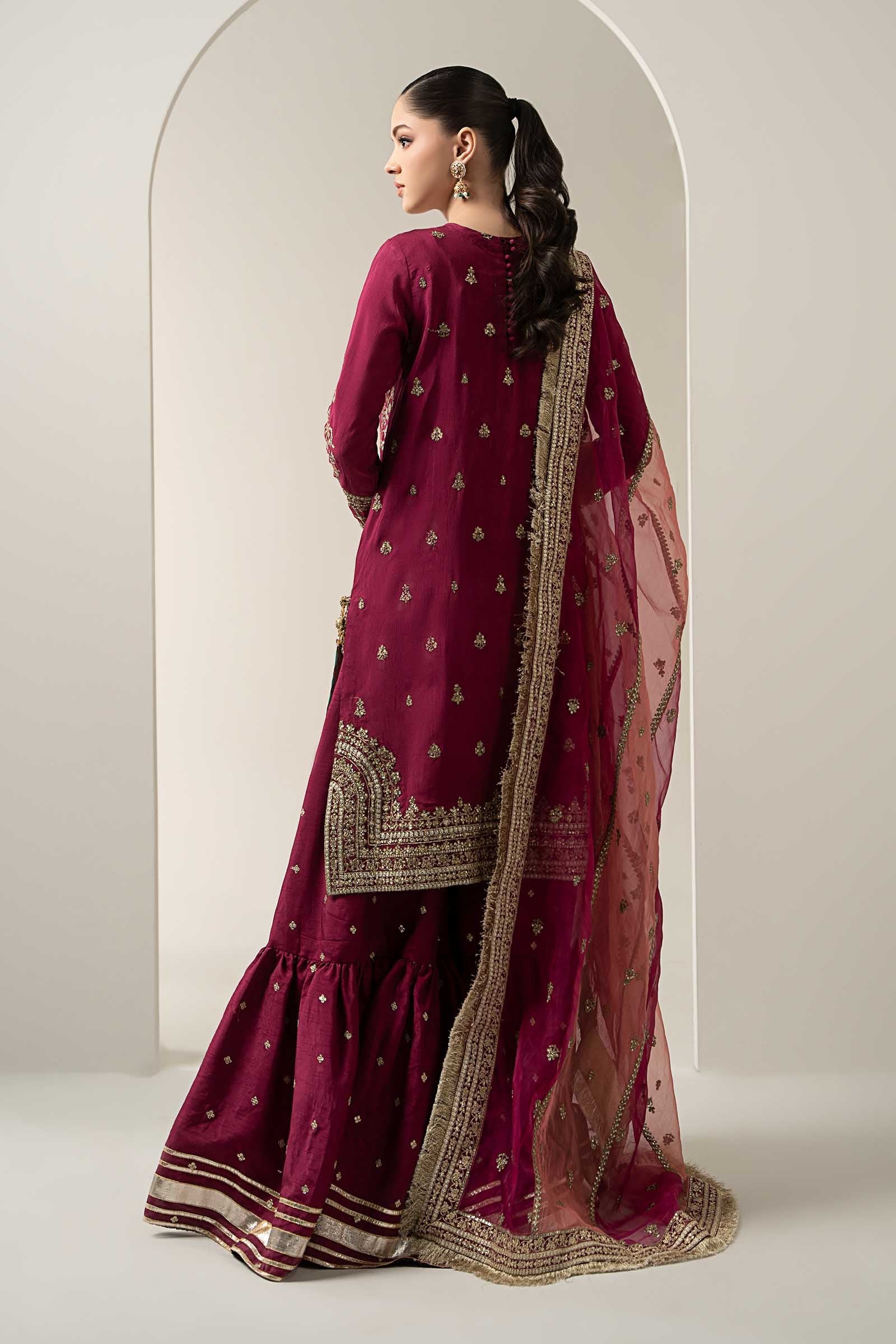 Pakistani Pink Embroidered Raw Silk Gharara Set (3-Piece) - Image 15