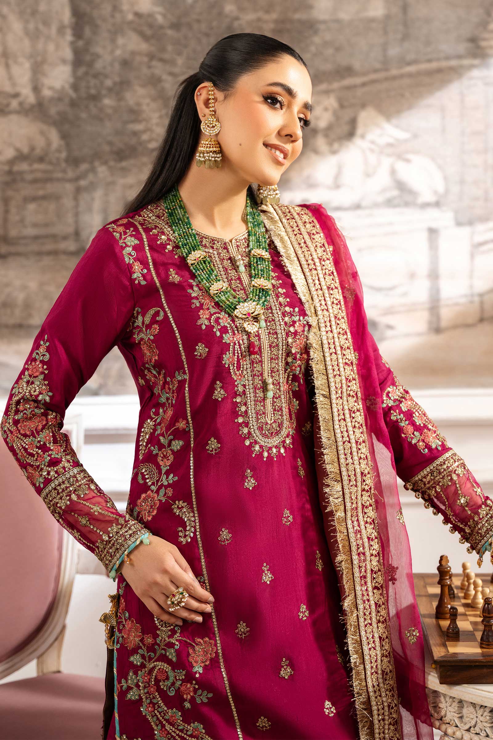 Pakistani Pink Embroidered Raw Silk Gharara Set (3-Piece) - Image 3