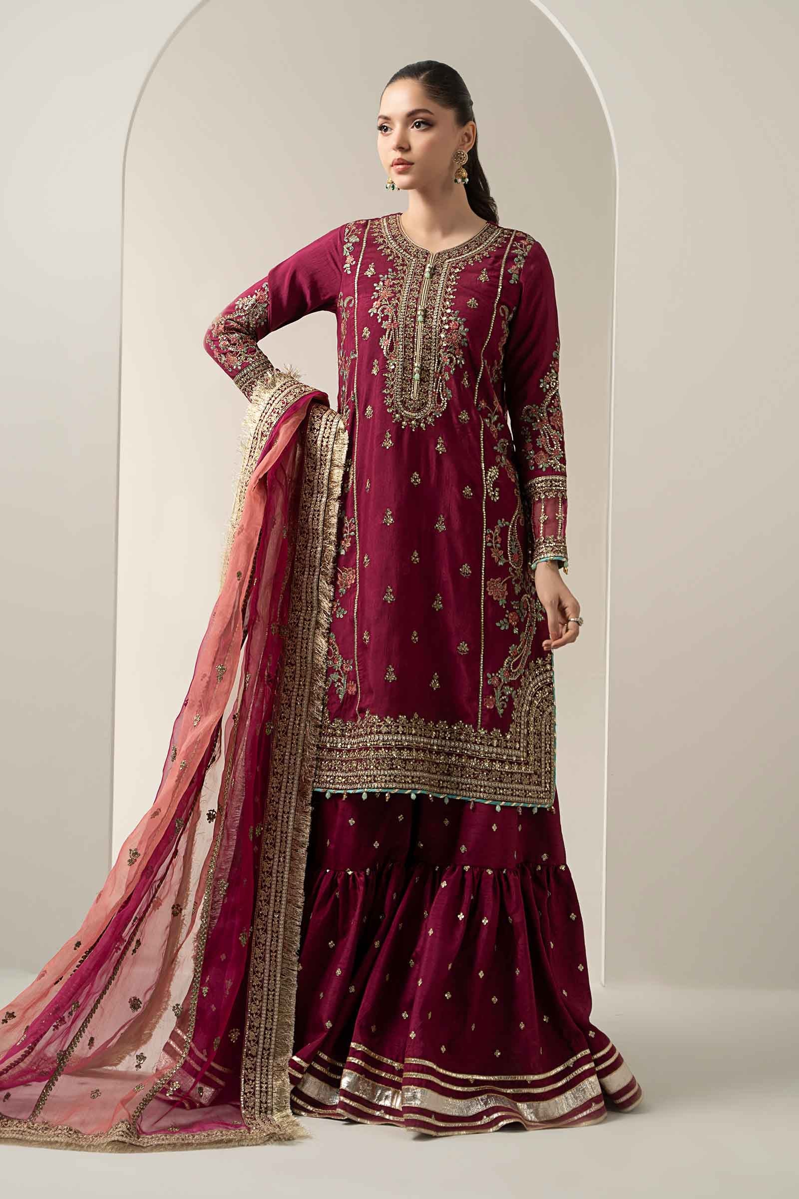 Pakistani Pink Embroidered Raw Silk Gharara Set (3-Piece) - Image 6