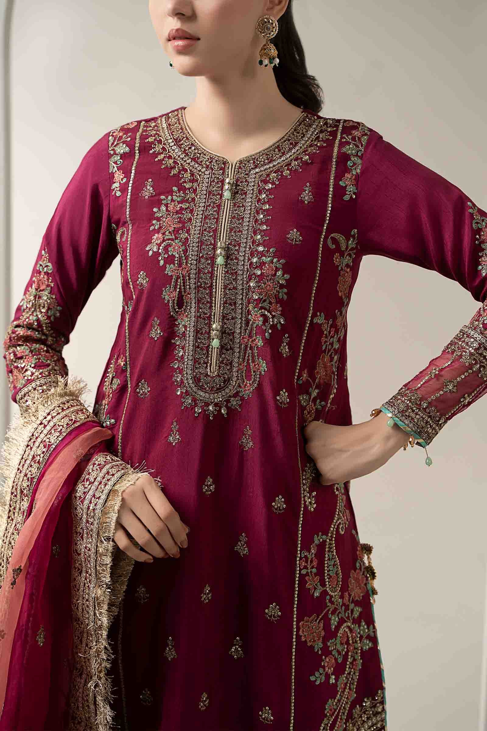 Pakistani Pink Embroidered Raw Silk Gharara Set (3-Piece) - Image 8