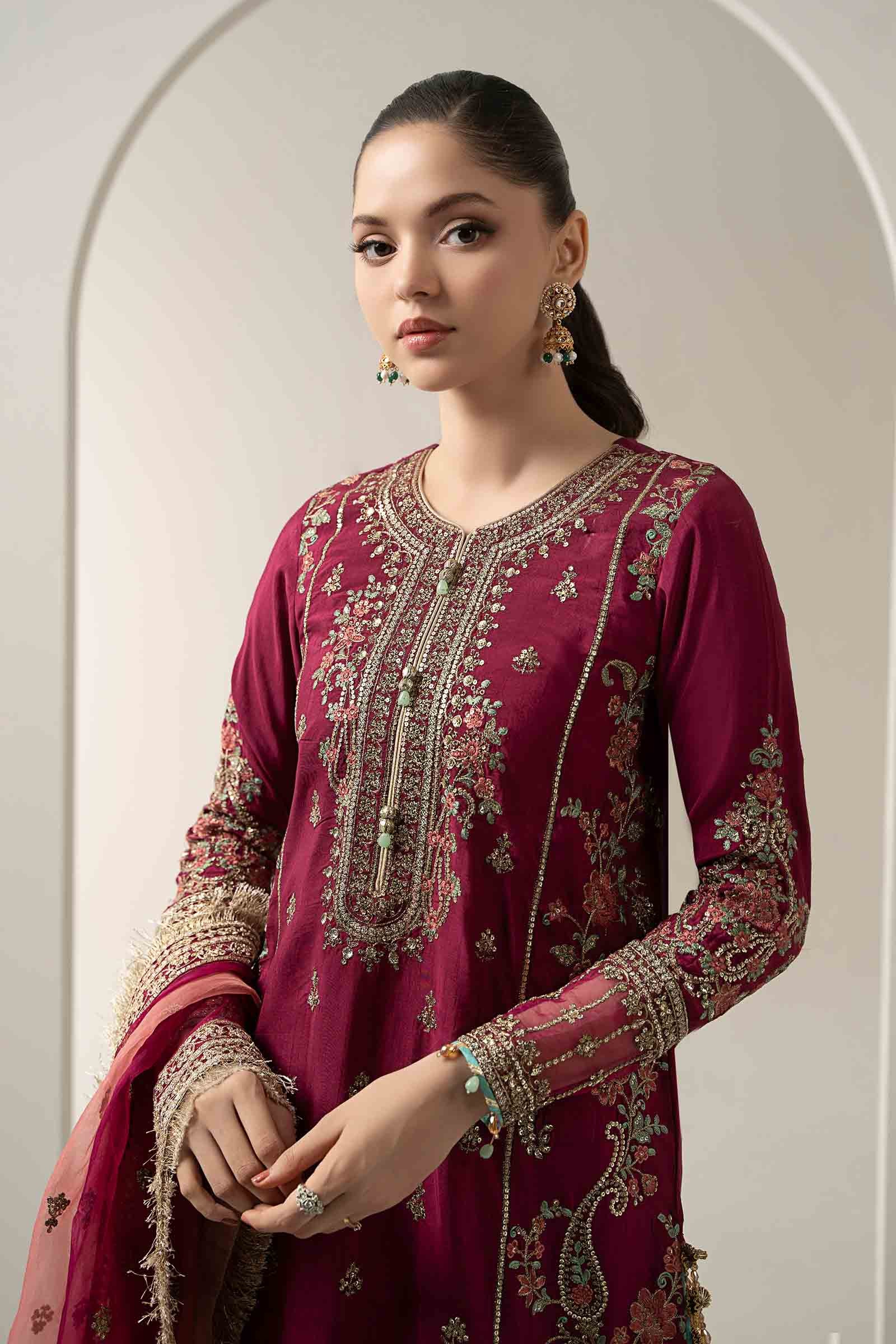 Pakistani Pink Embroidered Raw Silk Gharara Set (3-Piece) - Image 9