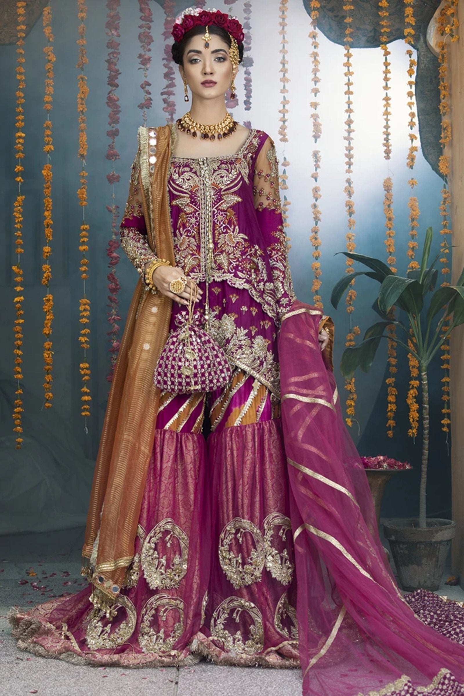 Magenta Zardozi Raw Silk Gharara Set (3-Piece) - Image 1